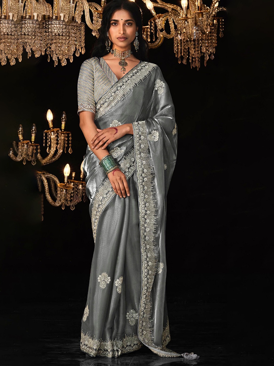 

MAHALASA Ethnic Motifs Embroidered Tissue Saree, Grey