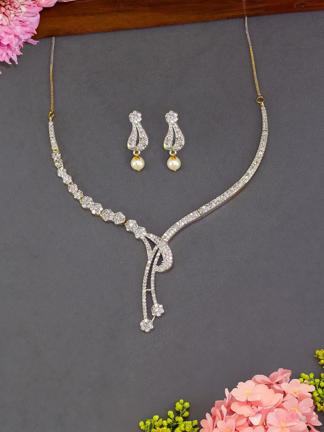 

PRIVIU Gold Plated American Diamond Studded Statement Jewellery Set