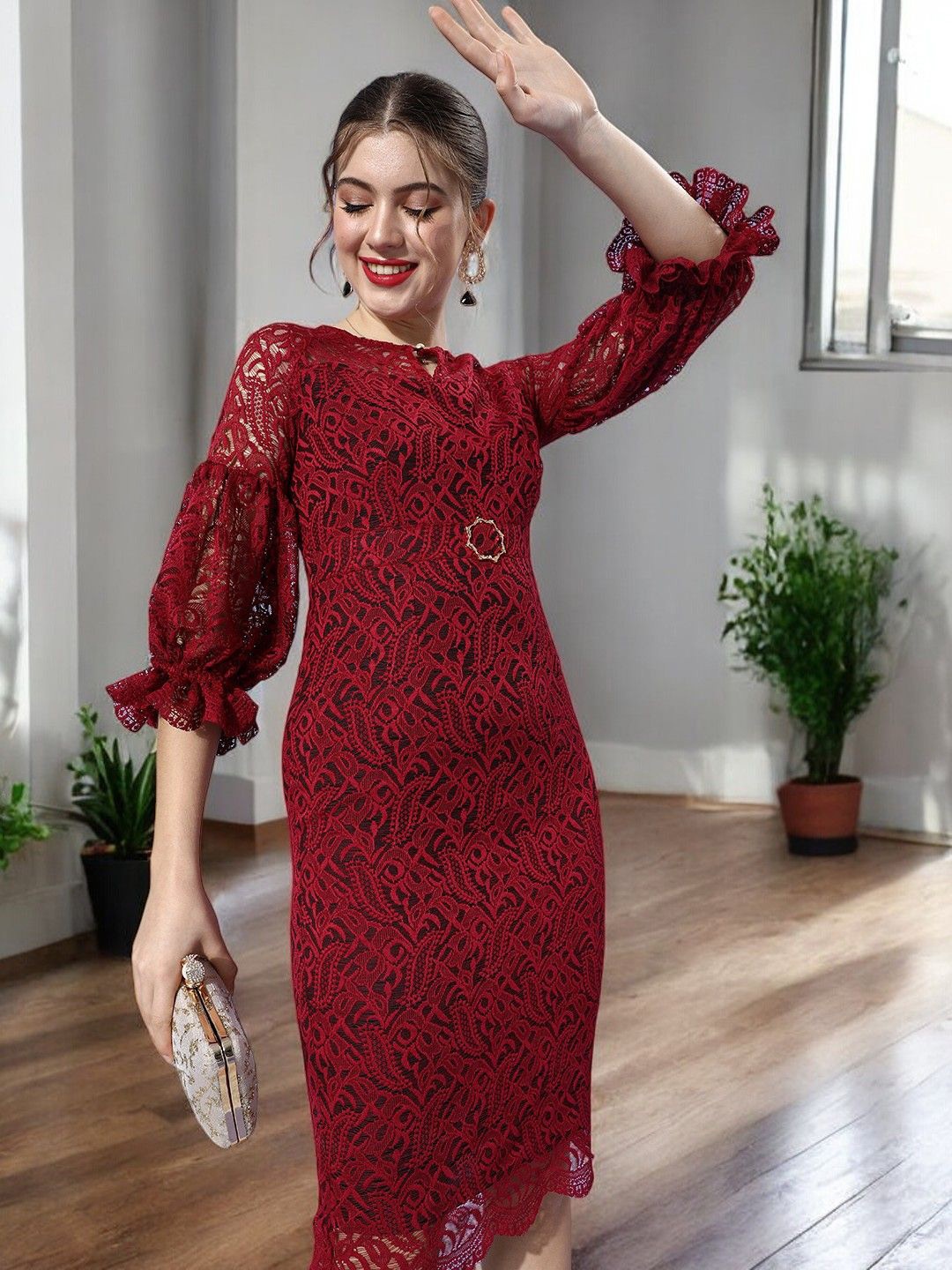 

DressBerry Puff Sleeve Lace Bodycon Midi Dress, Maroon
