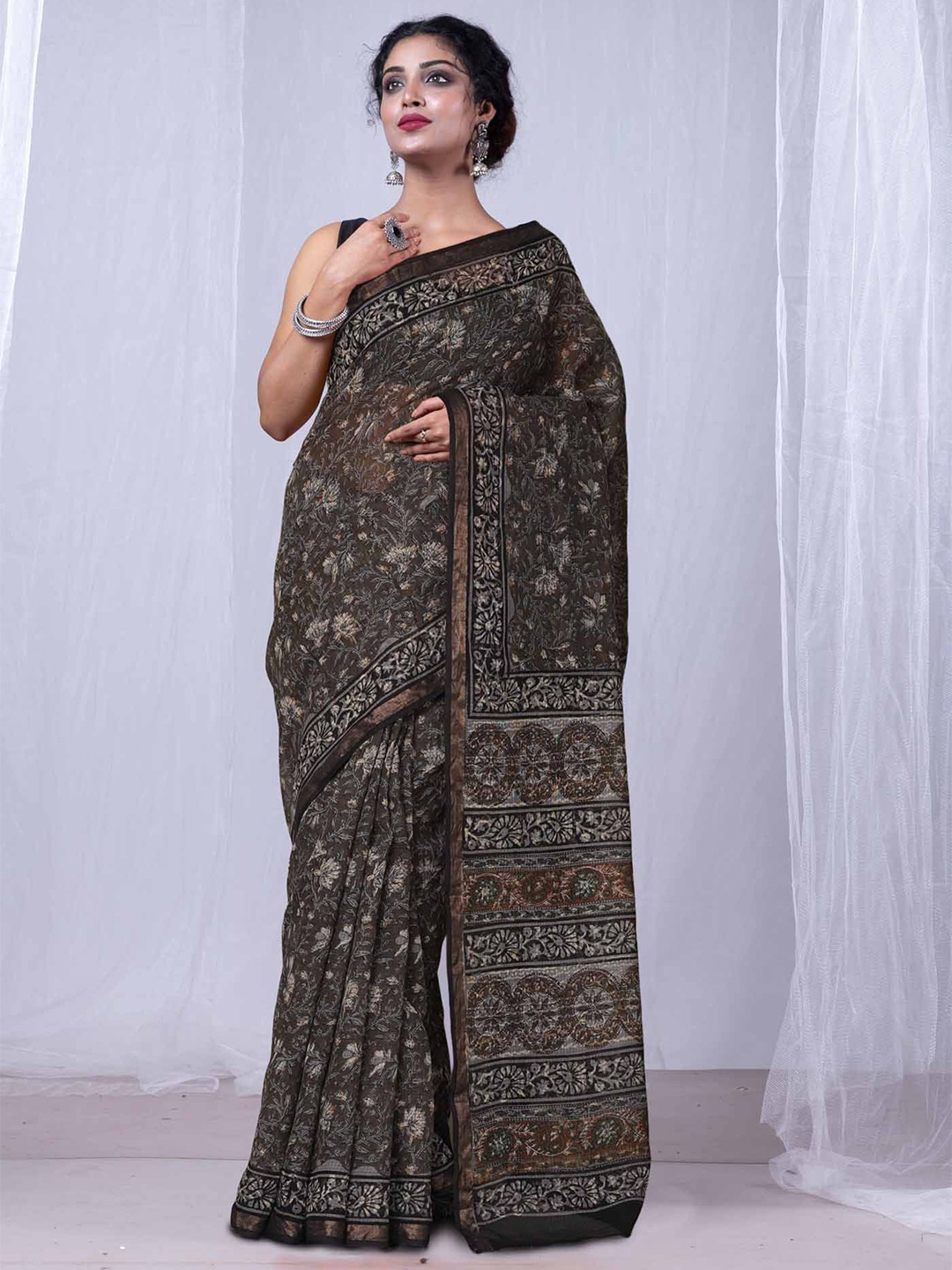 

Unnati Silks Ethnic Motifs Net Handloom Kota Saree, Olive