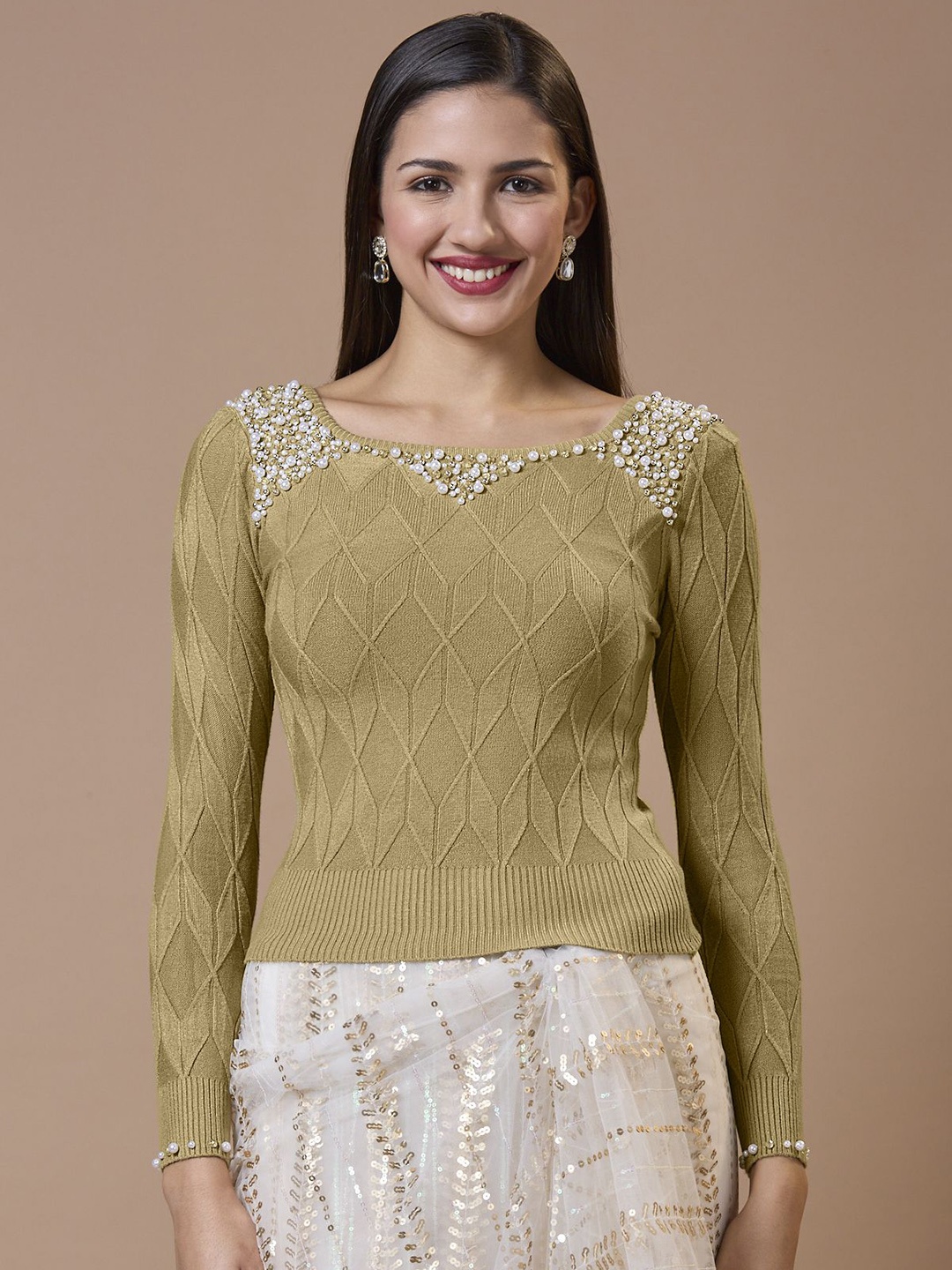 

SALWAR STUDIO Embroidered Round Neck Full Sleeve Ready-to-Wear Non-Padded Winter Blouse, Beige