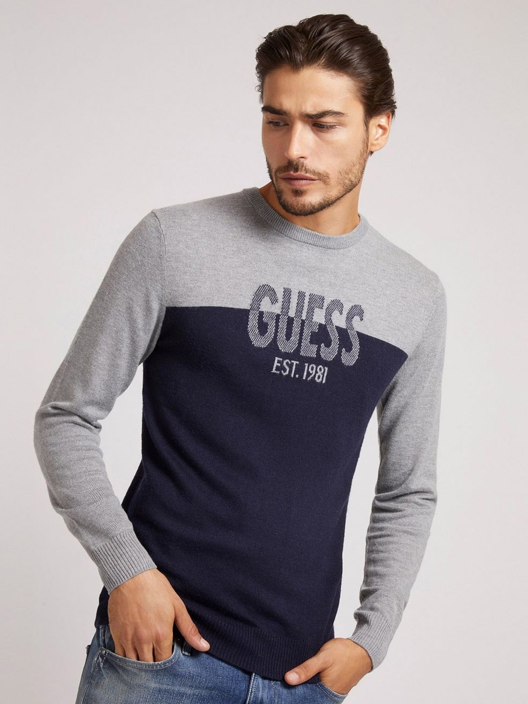 

GUESS Men Typography Printed Pullover, Navy blue