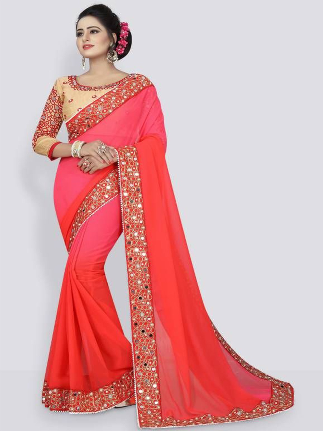 

Shiroya Brothers Mirror Work Pure Georgette Saree, Red