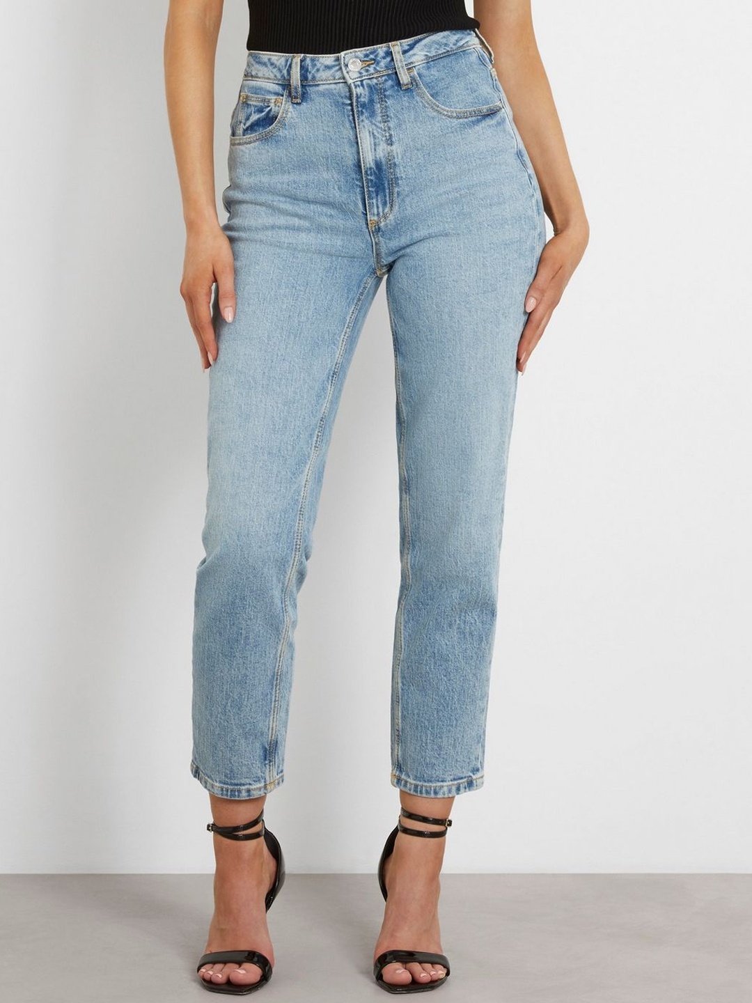 

GUESS Women High-Rise Low Distress Heavy Fade Jeans, Blue