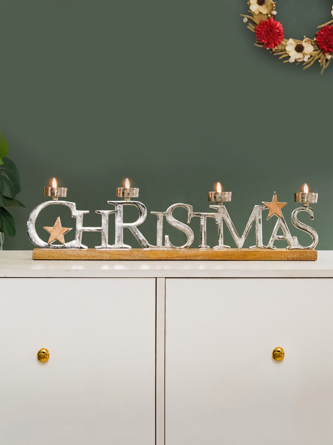

Nestasia Brown Christmas Tea Light Holder With Wooden Base, Silver
