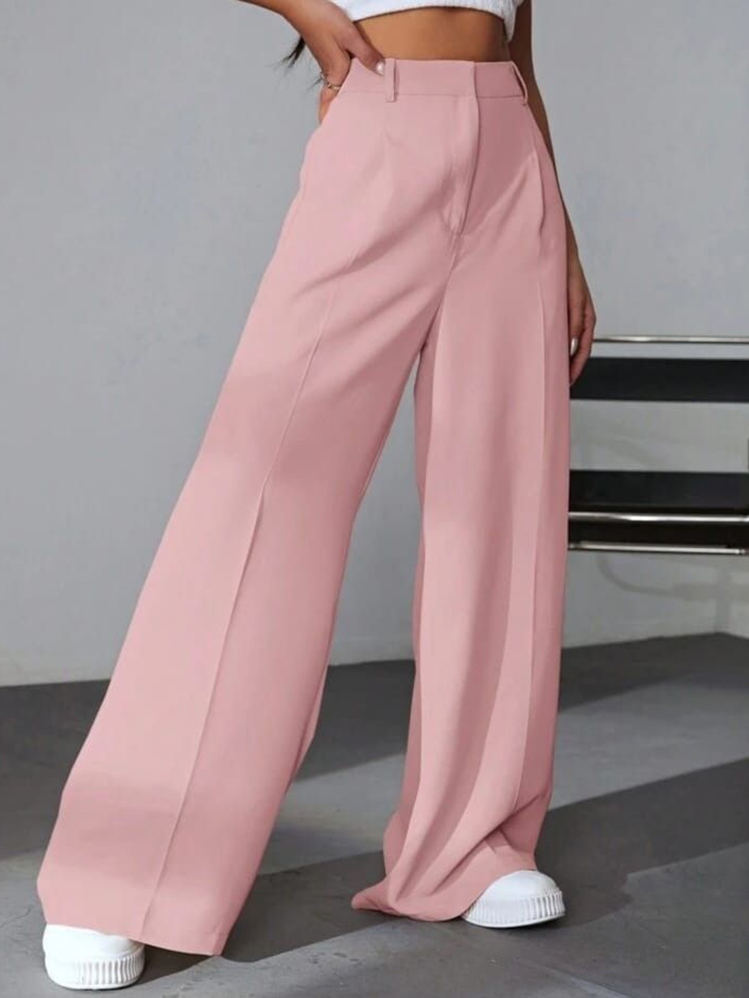 

BROADSTAR Women Smart Loose Fit High-Rise Easy Wash Pleated Trousers, Pink