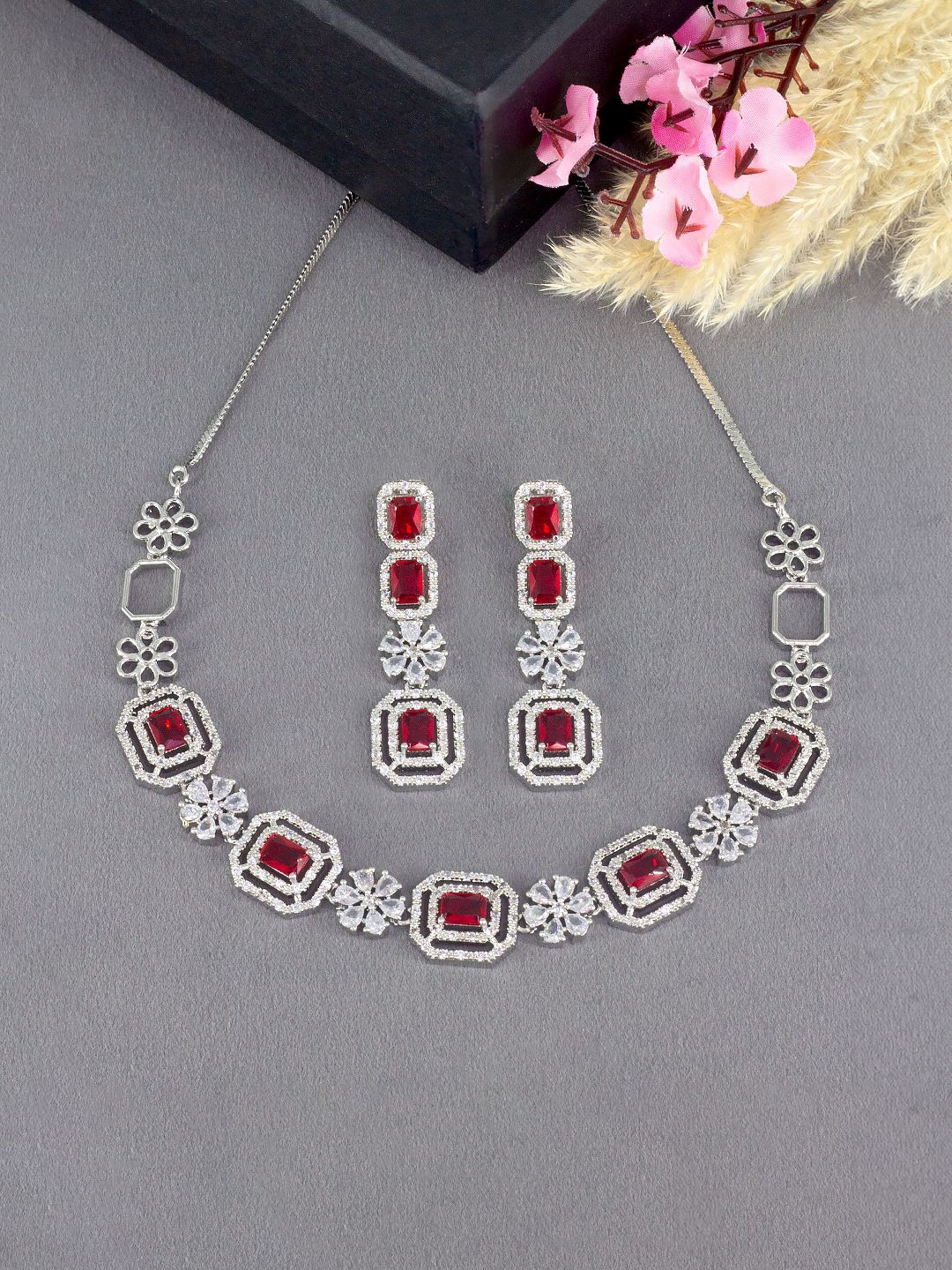 

PRIVIU Rhodium-Plated Floral American Diamond Jewellery Set, Silver