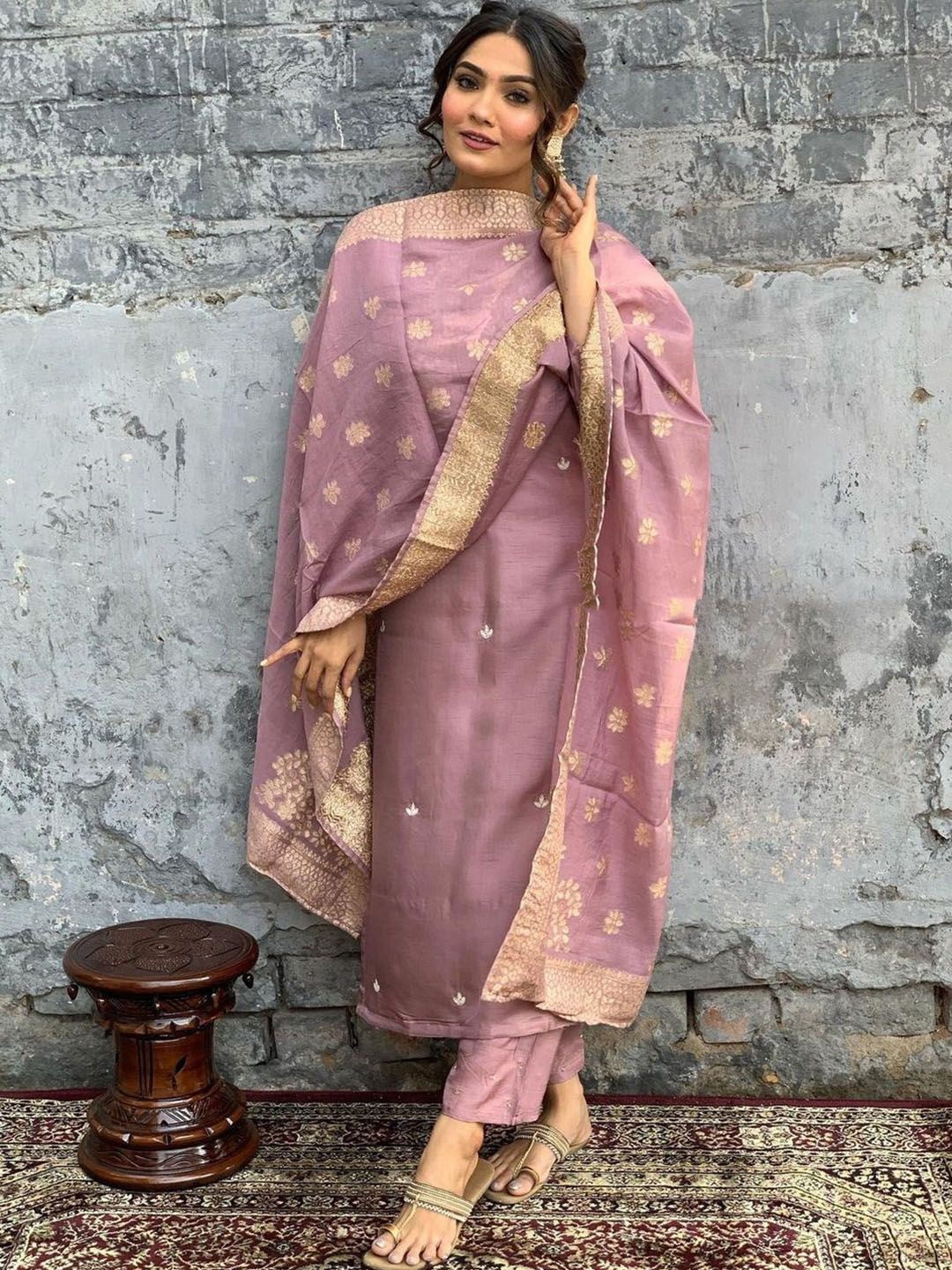 

KALINI Women Floral Embroidered Regular Chanderi Silk Kurta with Trousers & With Dupatta, Mauve