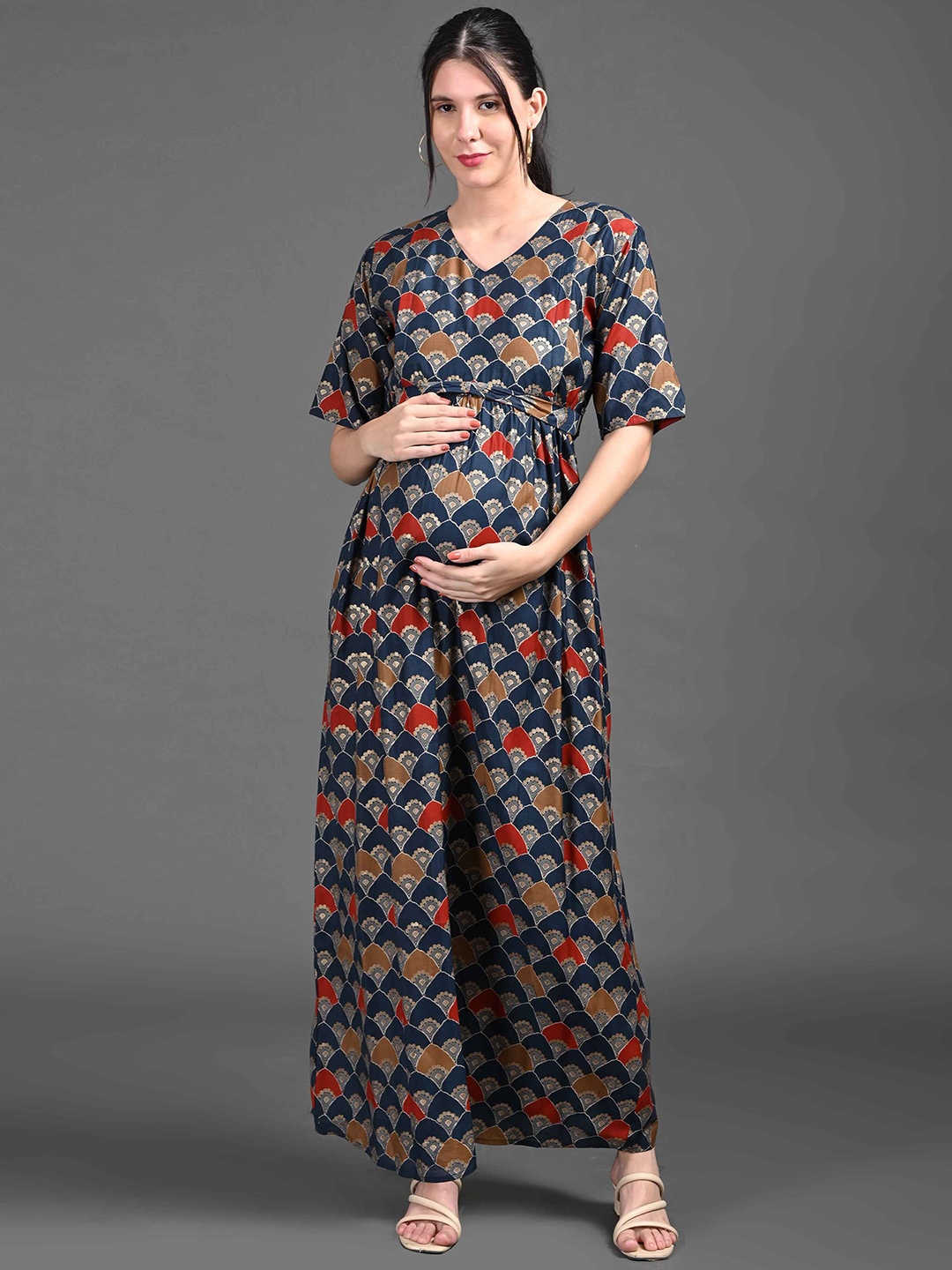 

GOLDSTROMS Floral Print Flared Sleeve Maternity Maxi Dress, Navy blue