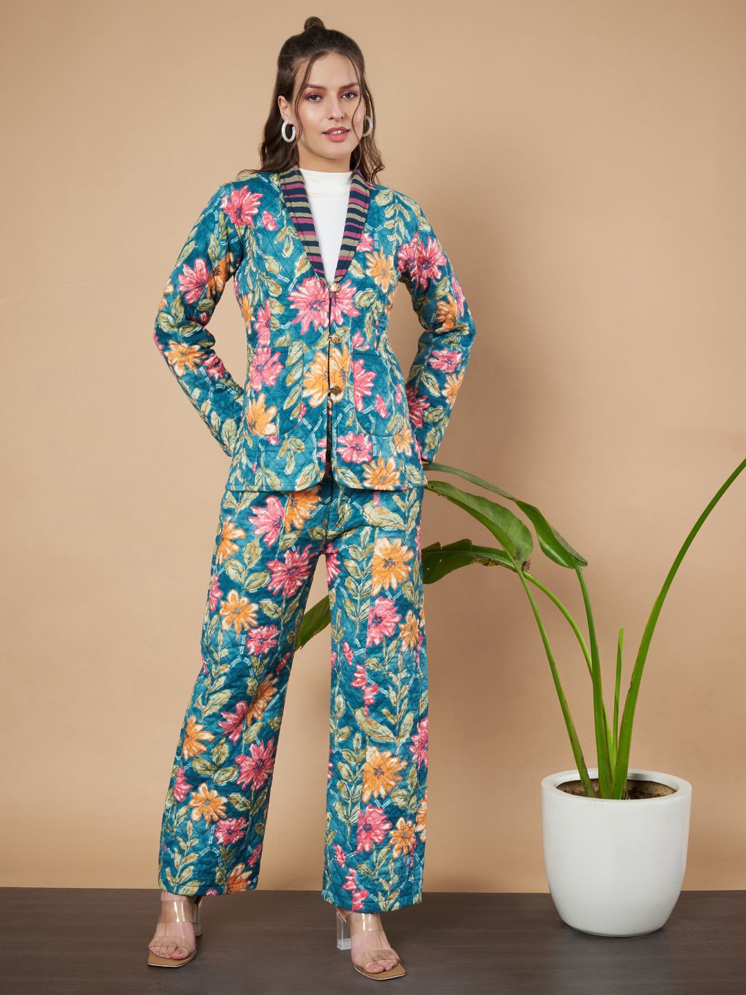 

COTLAND FASHION Floral Printed Shawl Neck Pure Cotton Blazer & Trousers, Teal