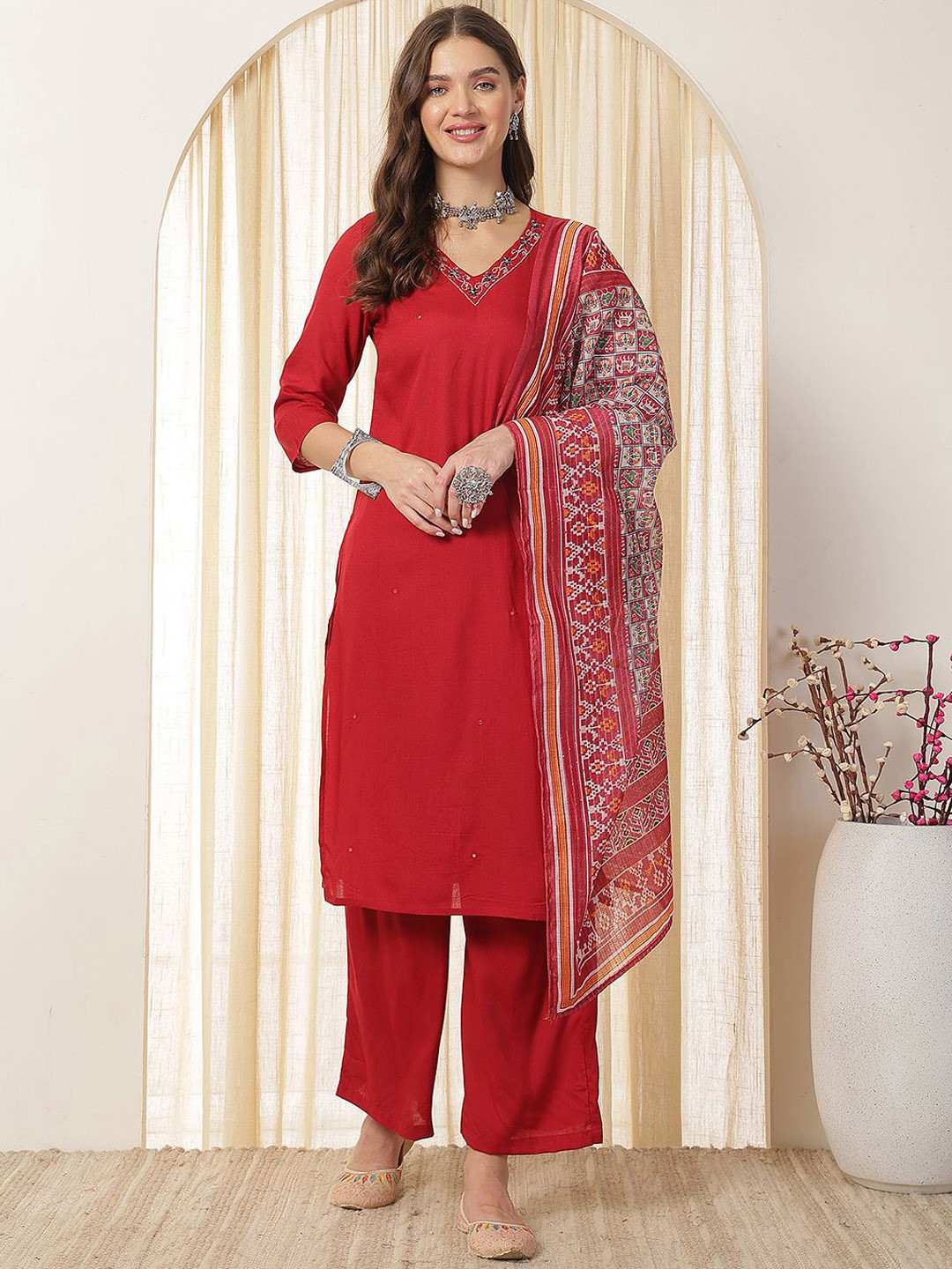 

Anouk Women Yoke Design Regular Sequinned Kurta with Palazzos & With Dupatta, Maroon
