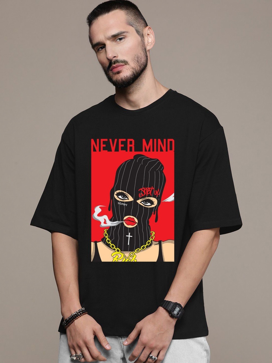 

Manlino Unisex Printed Drop-Shoulder Sleeves Raw Edge T-shirt, Black