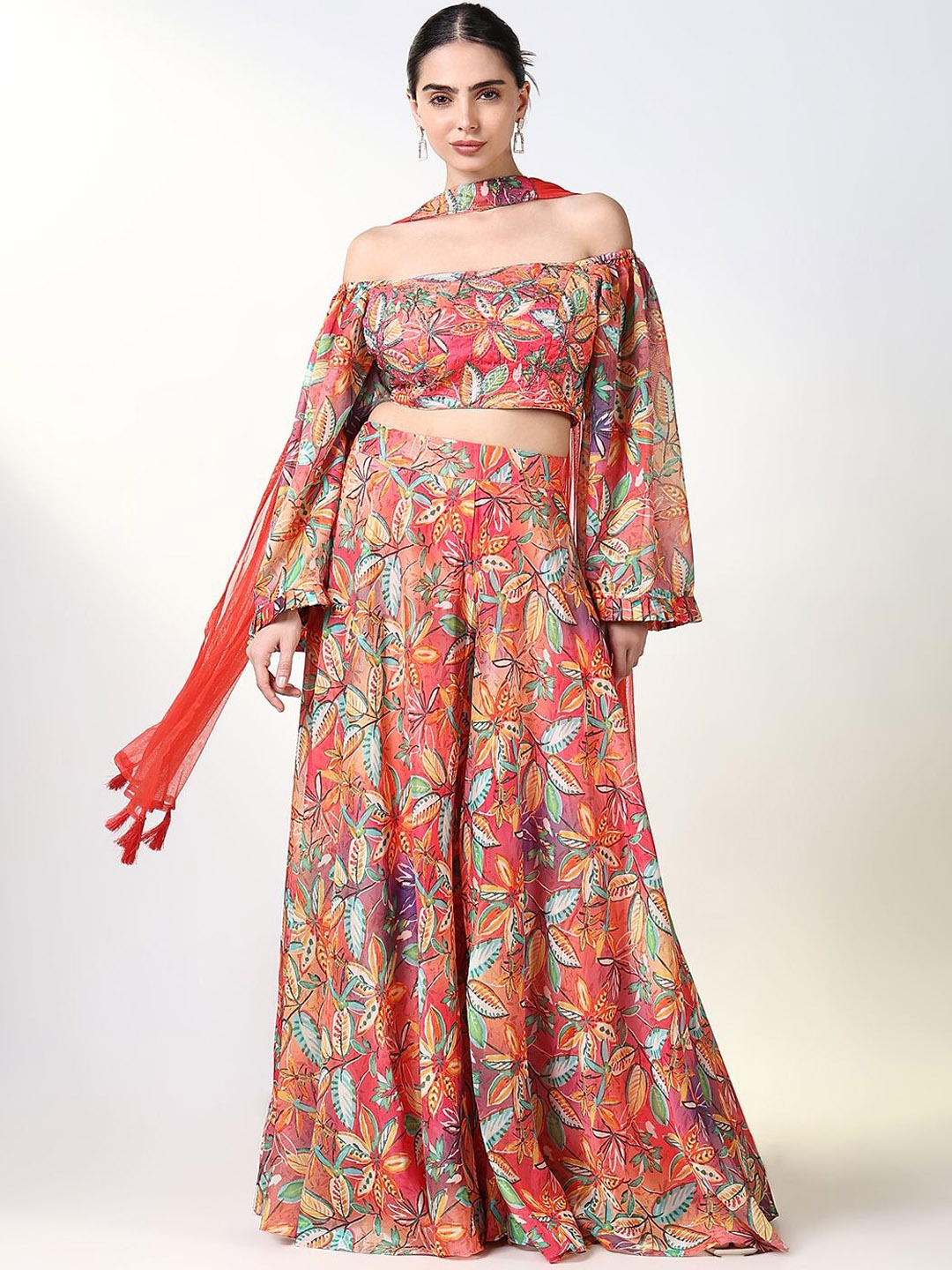 

SHOWOFF Women Floral Printed Regular Beads and Stones Top with Palazzos & With Dupatta, Red