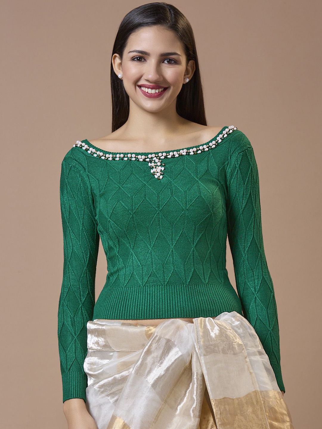 

SALWAR STUDIO Round Neck Full Sleeves Readymade Non Padded Winter Blouse, Green