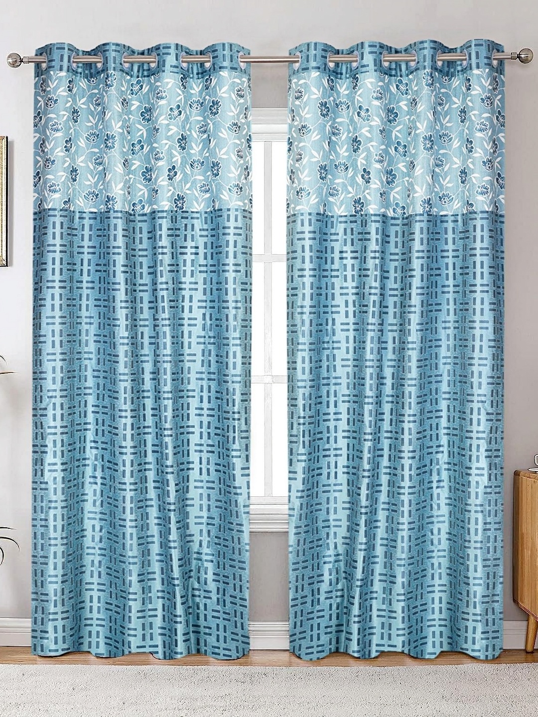 

Winnsun Blue & White Set of 2 Floral Room Darkening Door Curtain