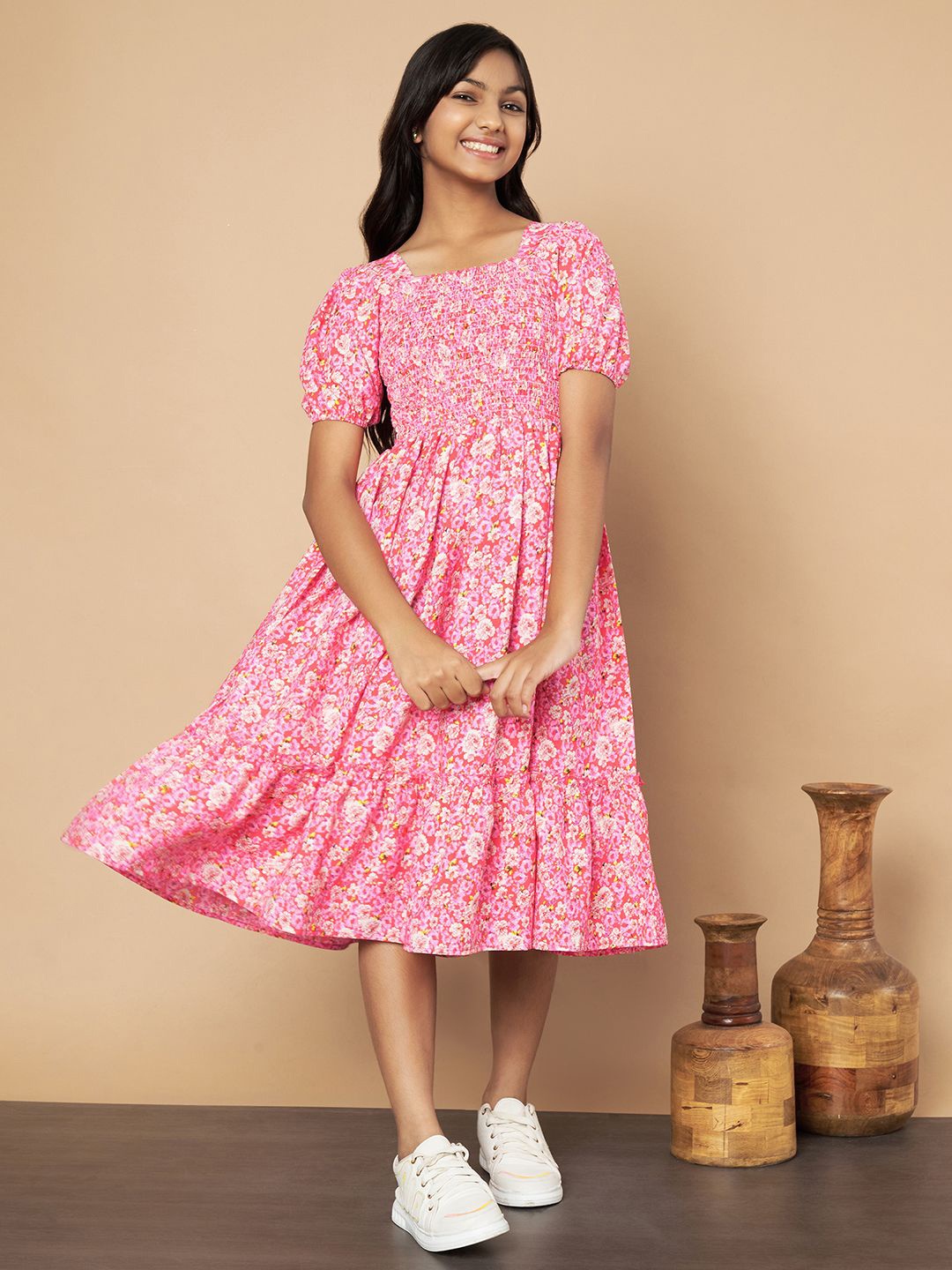 

OTABU Floral Print Puff Sleeve A-Line Midi Dress, Pink