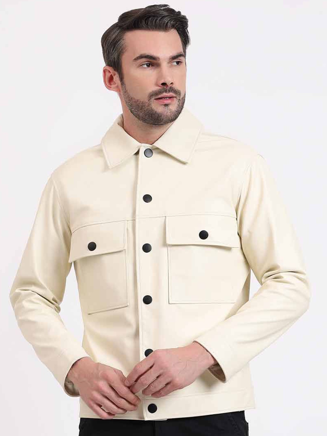 

Saint G Men Floral Satin Water Resistant Leather Jacket, Off white