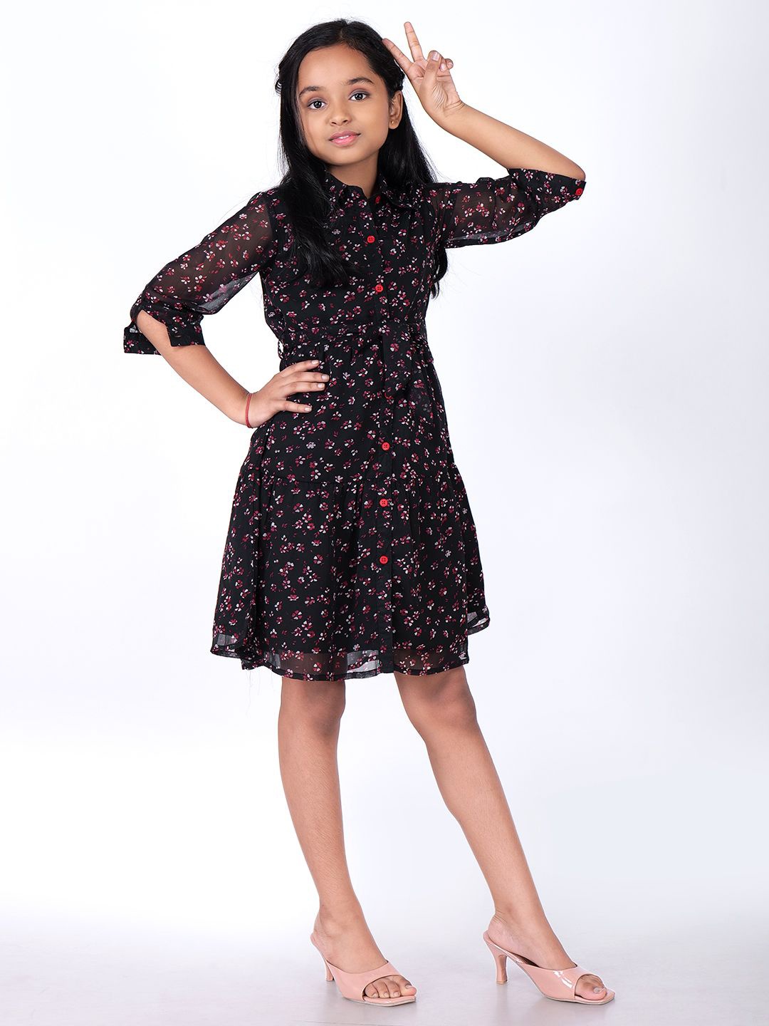 

CHARMGAL Floral Print Georgette Fit & Flare Dress, Black