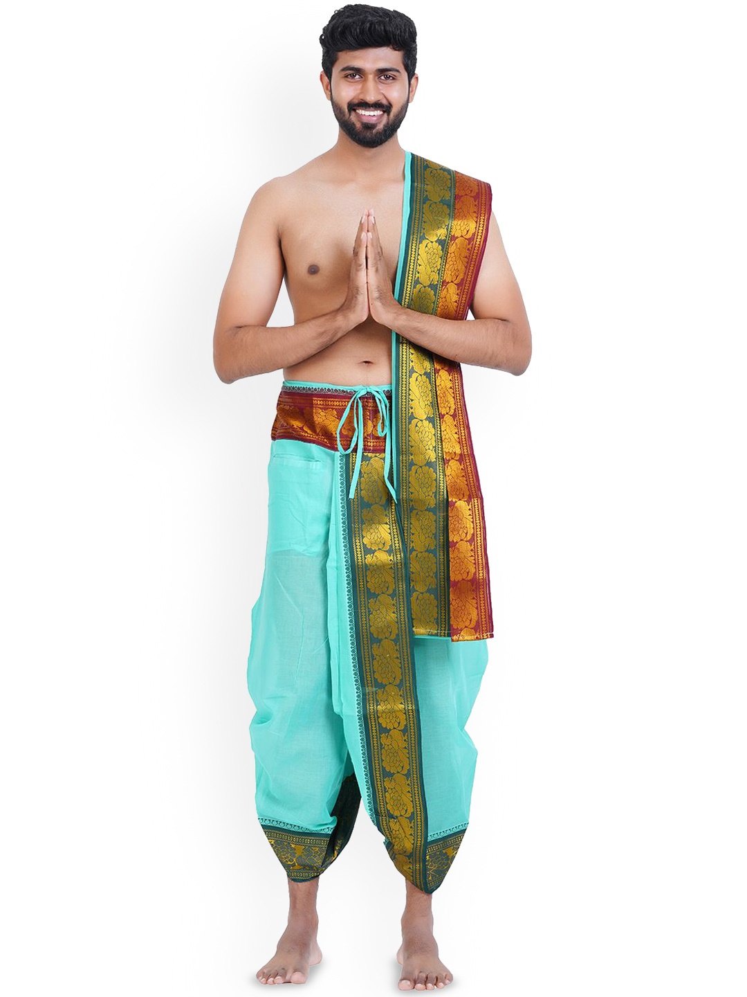 

Ethazh Mens Cotton 9*5 Colour Vedha Jacquard Teal Panchakacham with Angavasthiram