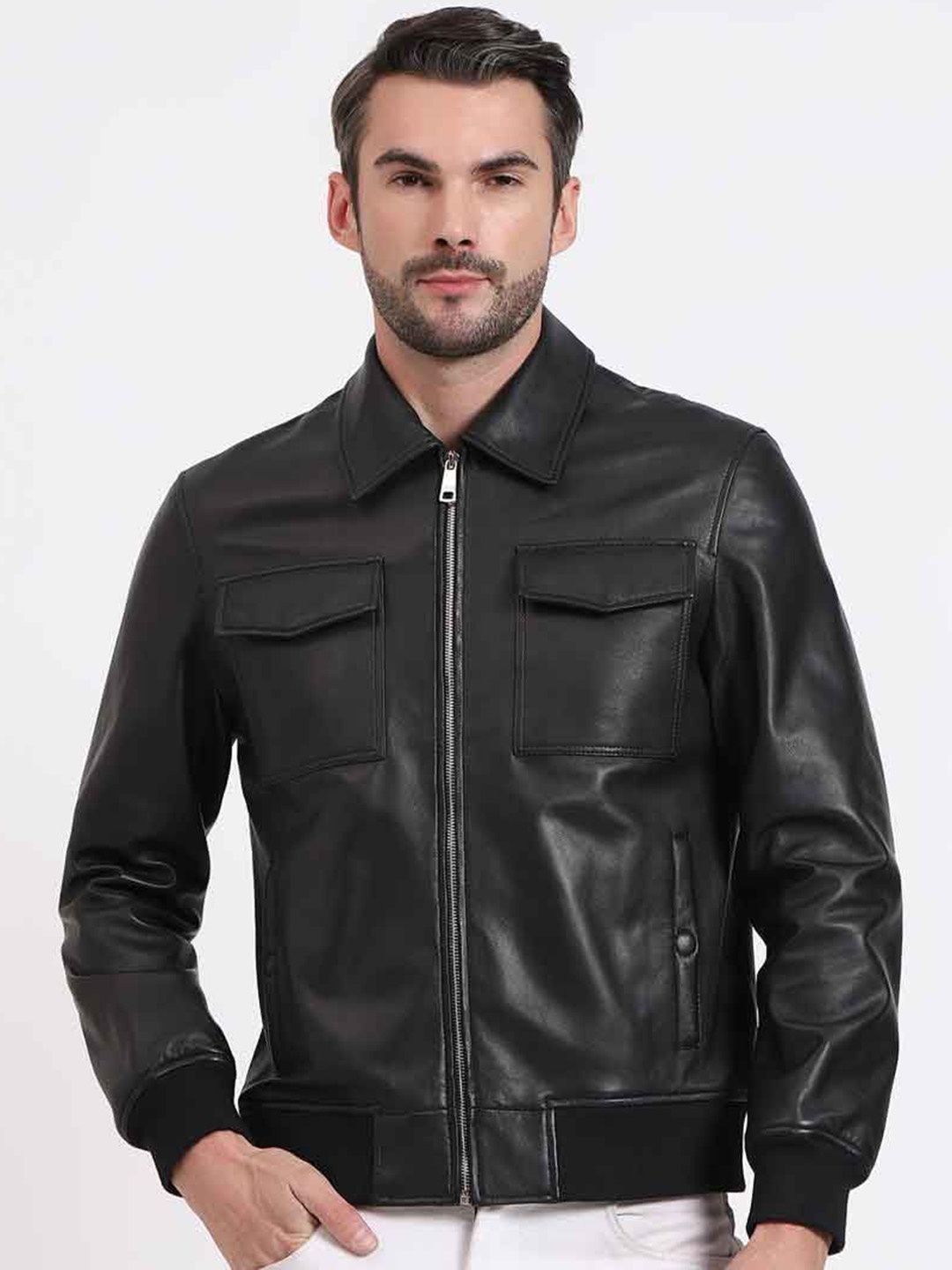 

Saint G Men Geometric Satin Water Resistant Leather Jacket, Black