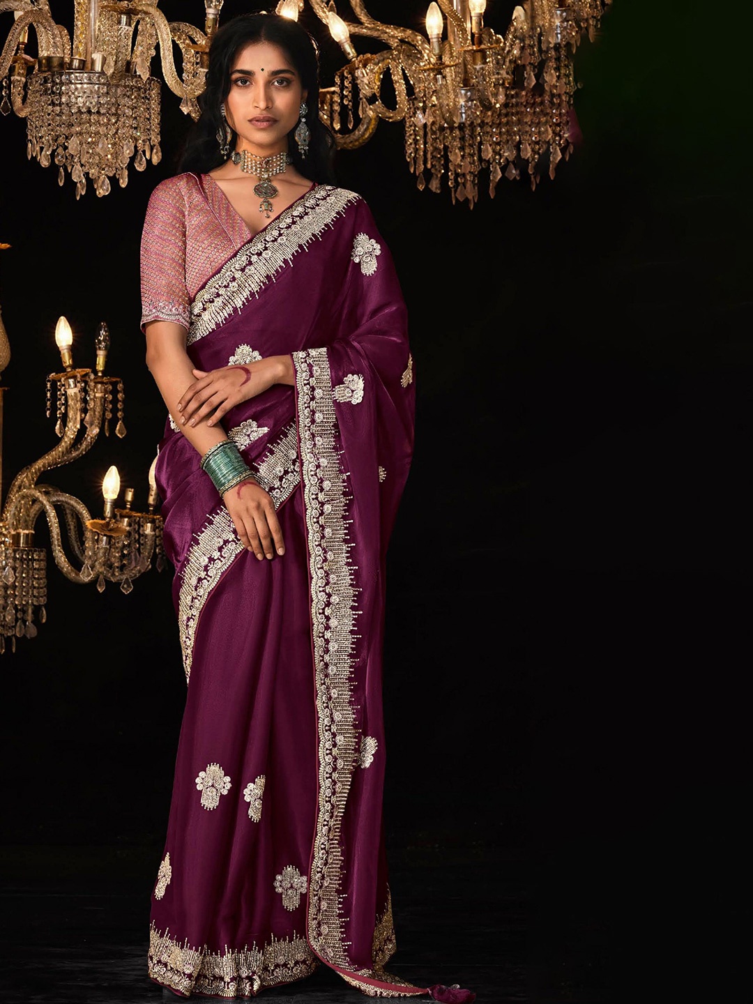 

MAHALASA Ethnic Motifs Embroidered Tissue Saree, Purple