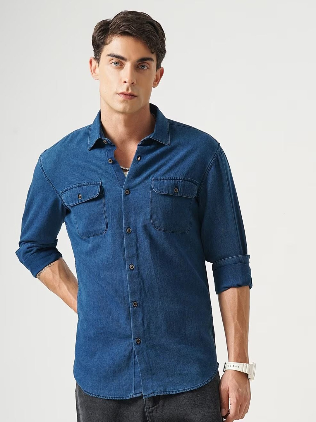 

British Club Men Classic Spread Collar Solid Cotton Slim Fit Casual Shirt, Blue
