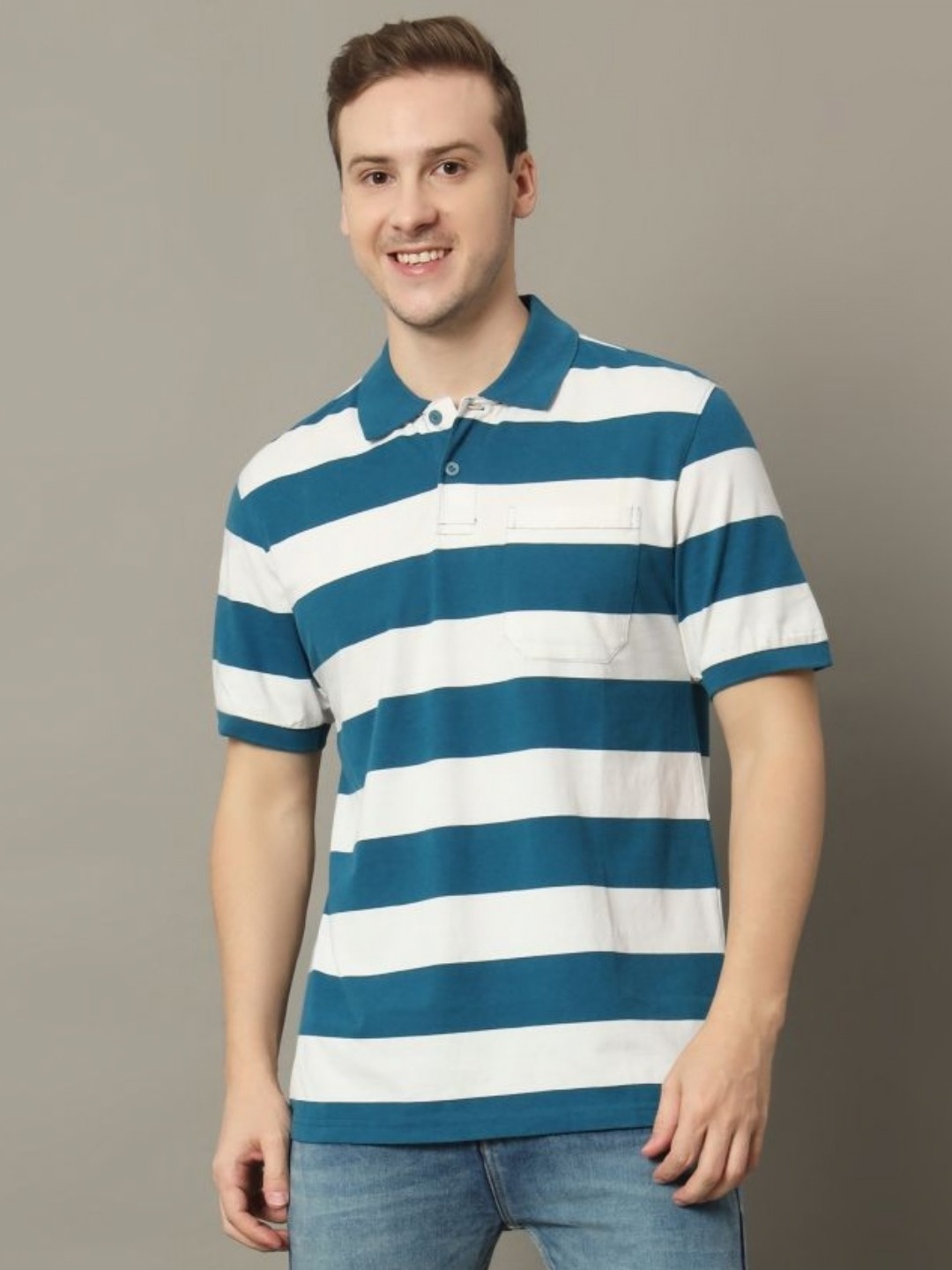 

GET GOLF Men Striped Polo Collar Cotton T-shirt, Navy blue