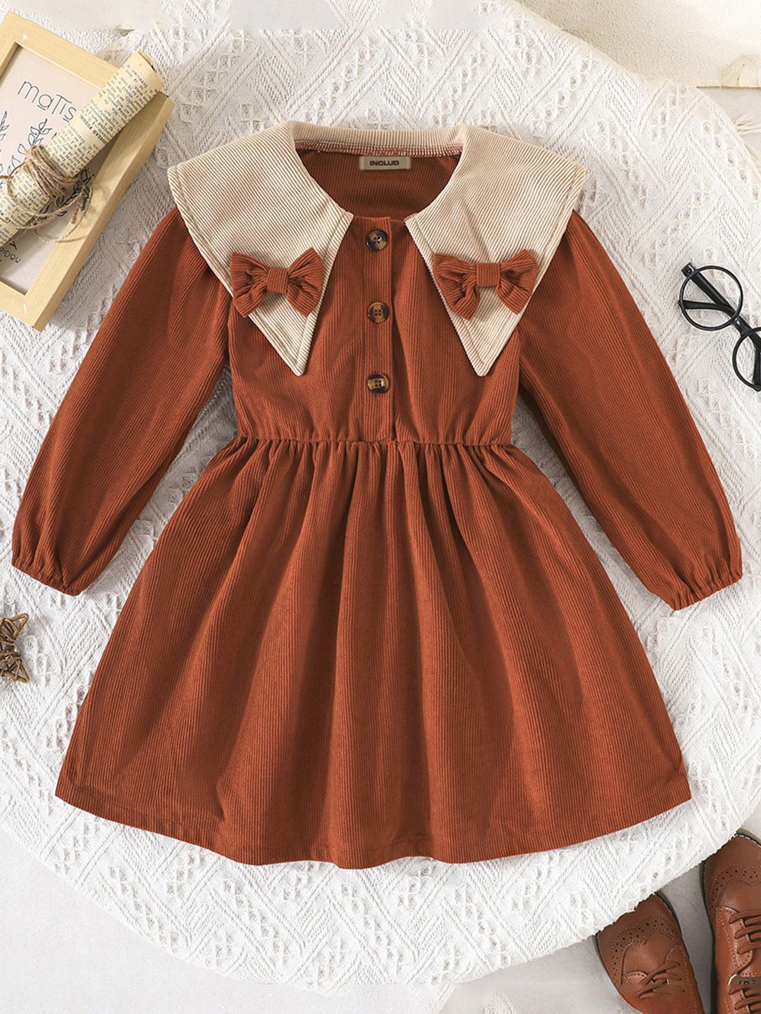 

INCLUD Peter Pan Collar Fit & Flare Dress, Brown