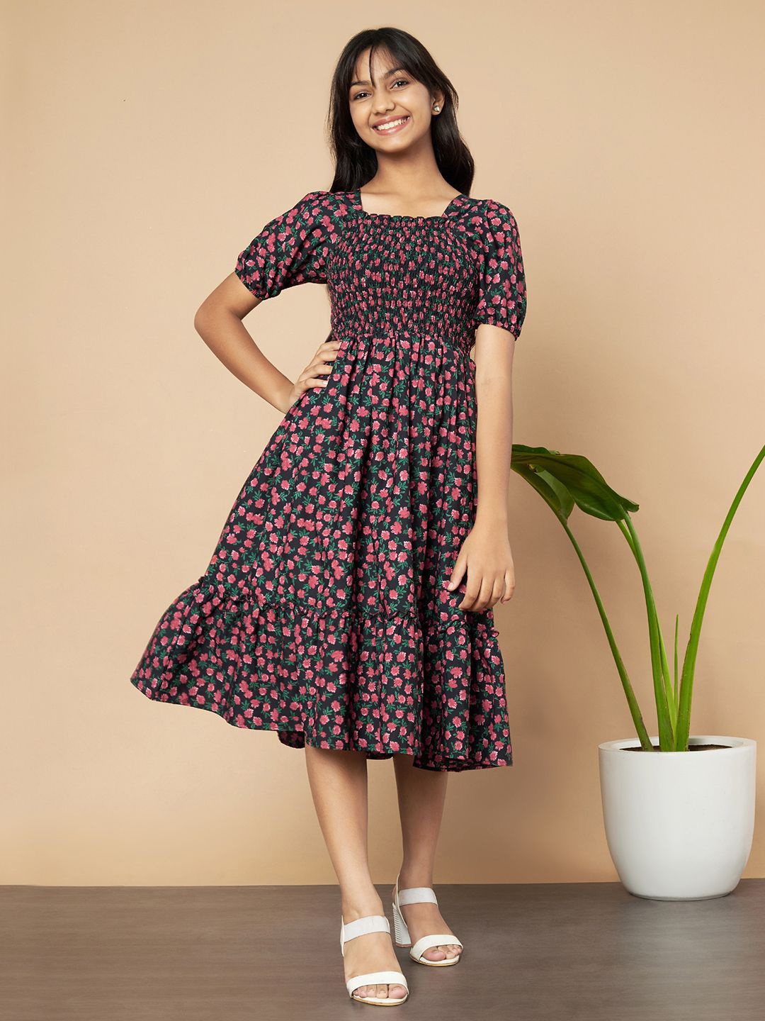 

OTABU Print Puff Sleeve A-Line Midi Dress, Red