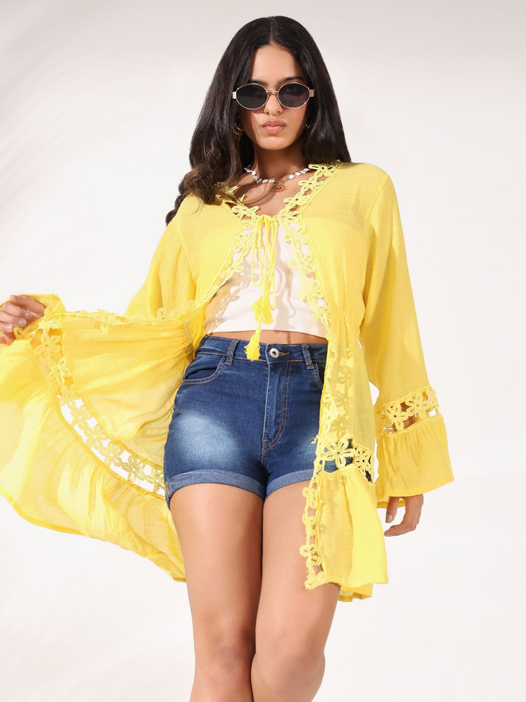 

SHOWOFF Women Longline Tie-Up Shrug, Yellow