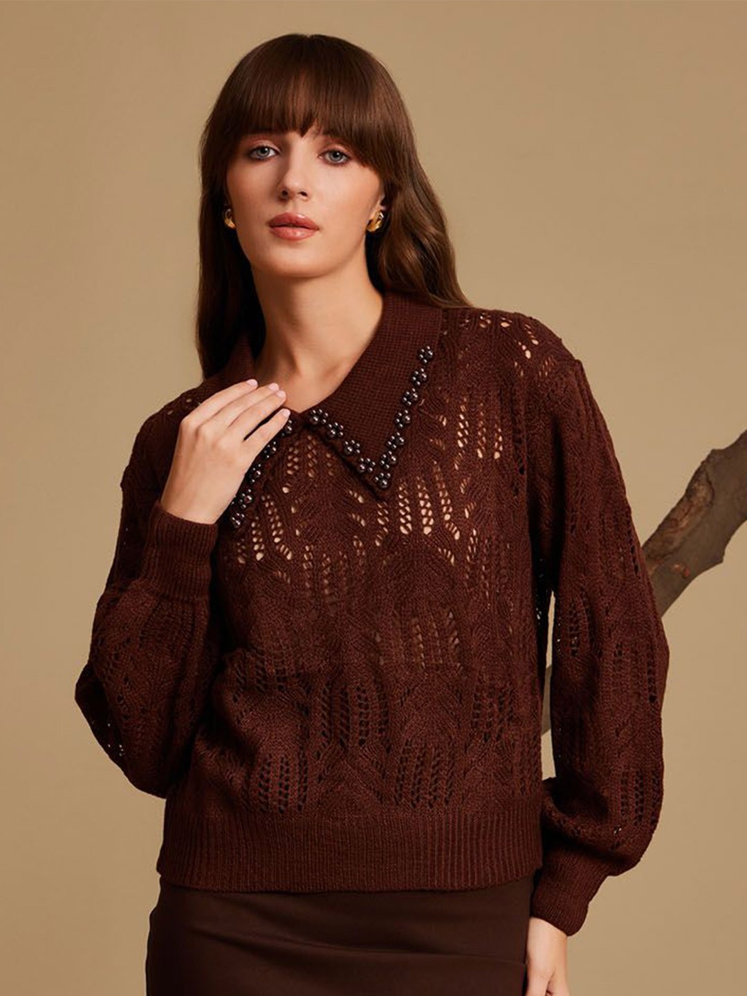 

Kazo Women Cable Knit Pullover, Brown