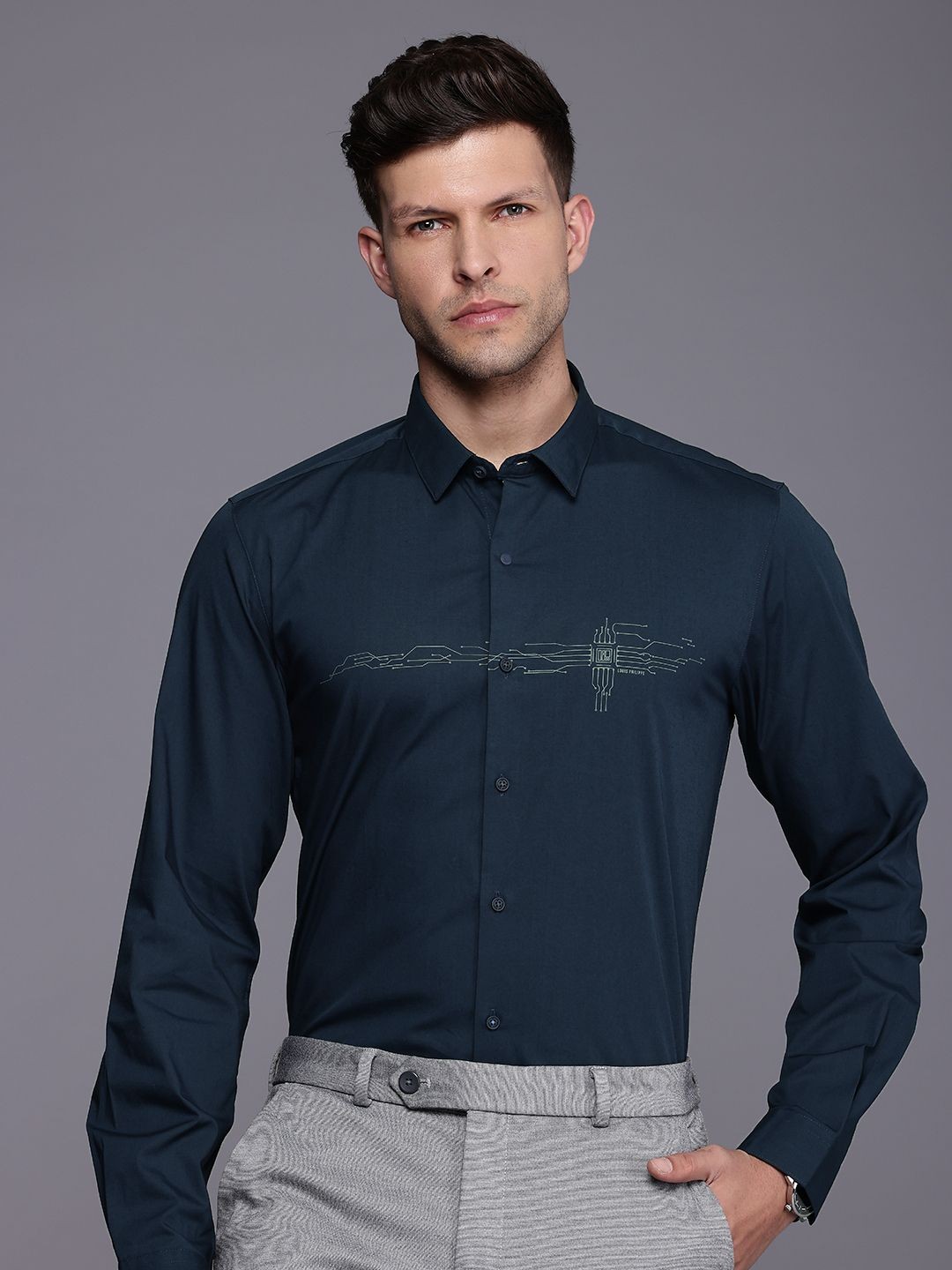 

Louis Philippe Ath.Work Super Slim Fit Printed Formal Shirt, Navy blue