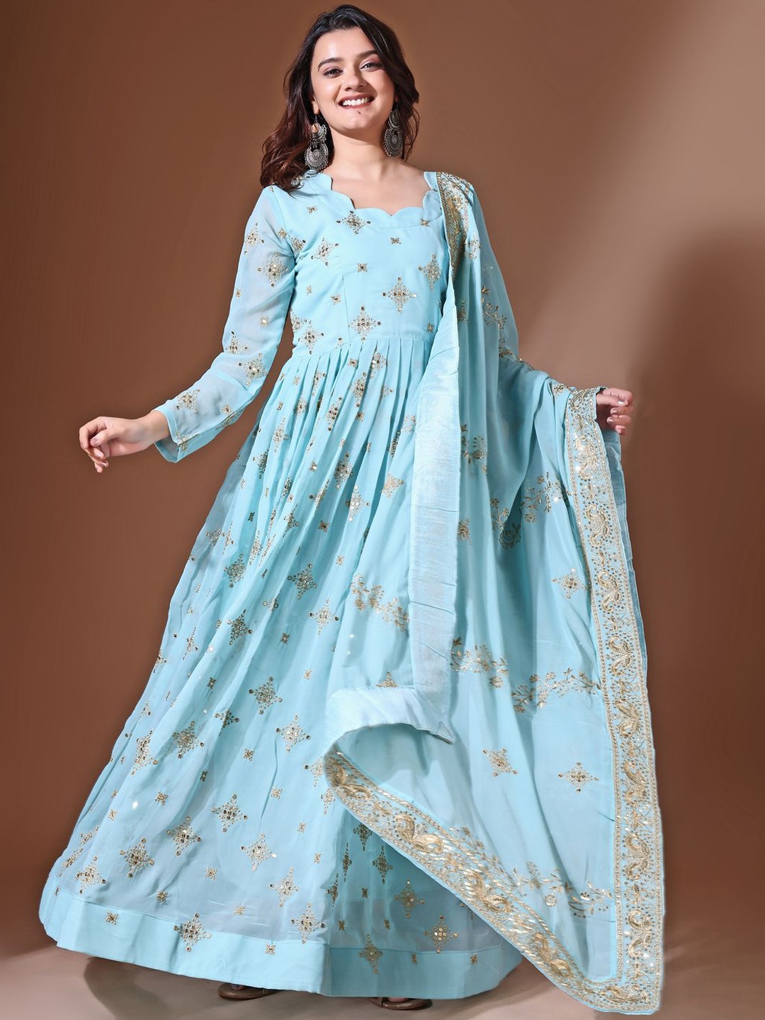 

Ethnic Yard Women Embroidered Gotta Patti Georgette Anarkali Kurta, Blue