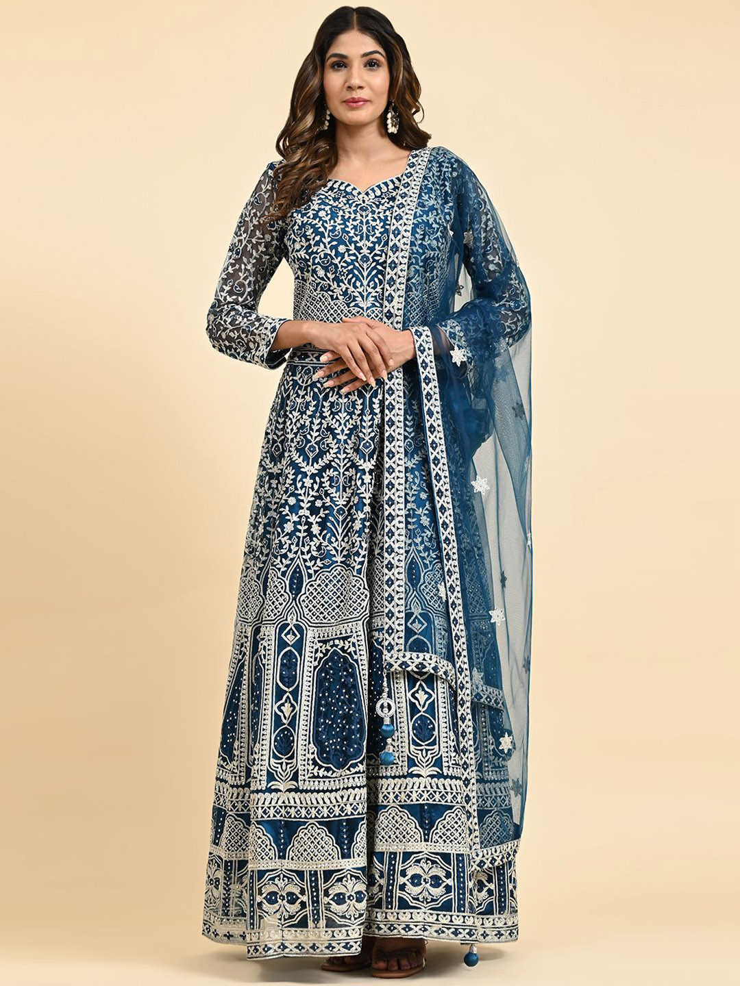 

VANAKARA Embroidered Fit & Flared Ethnic Dresses, Teal