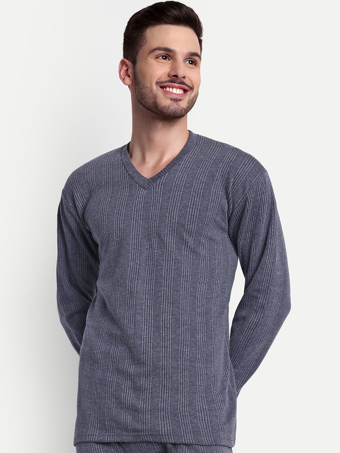

ZEFFIT V Neck Cotton Thermal Top, Navy blue