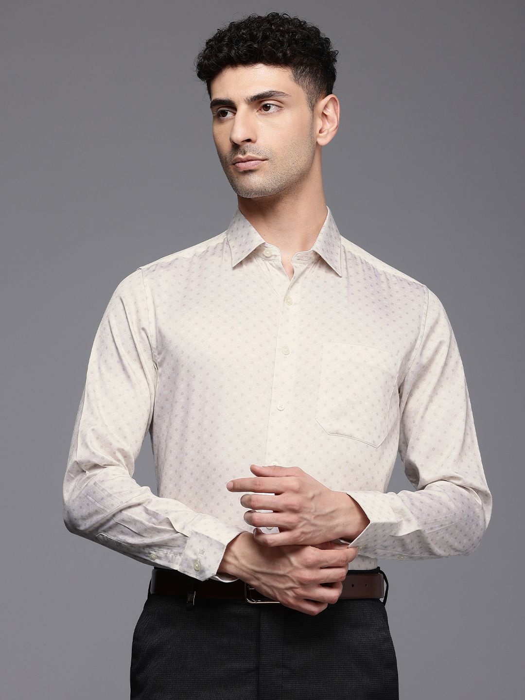 

Louis Philippe Slim Fit Floral Printed Pure Cotton Formal Shirt, Beige