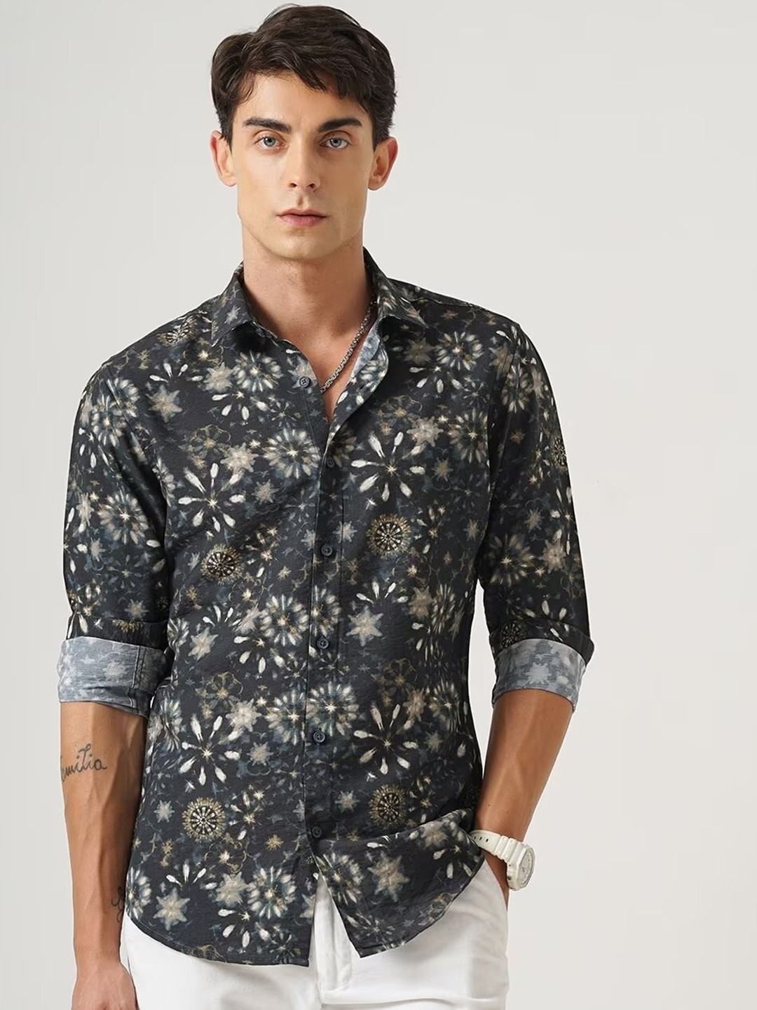

British Club Men Classic Spread Collar Floral Printed Cotton Slim Fit Casual Shirt, Black