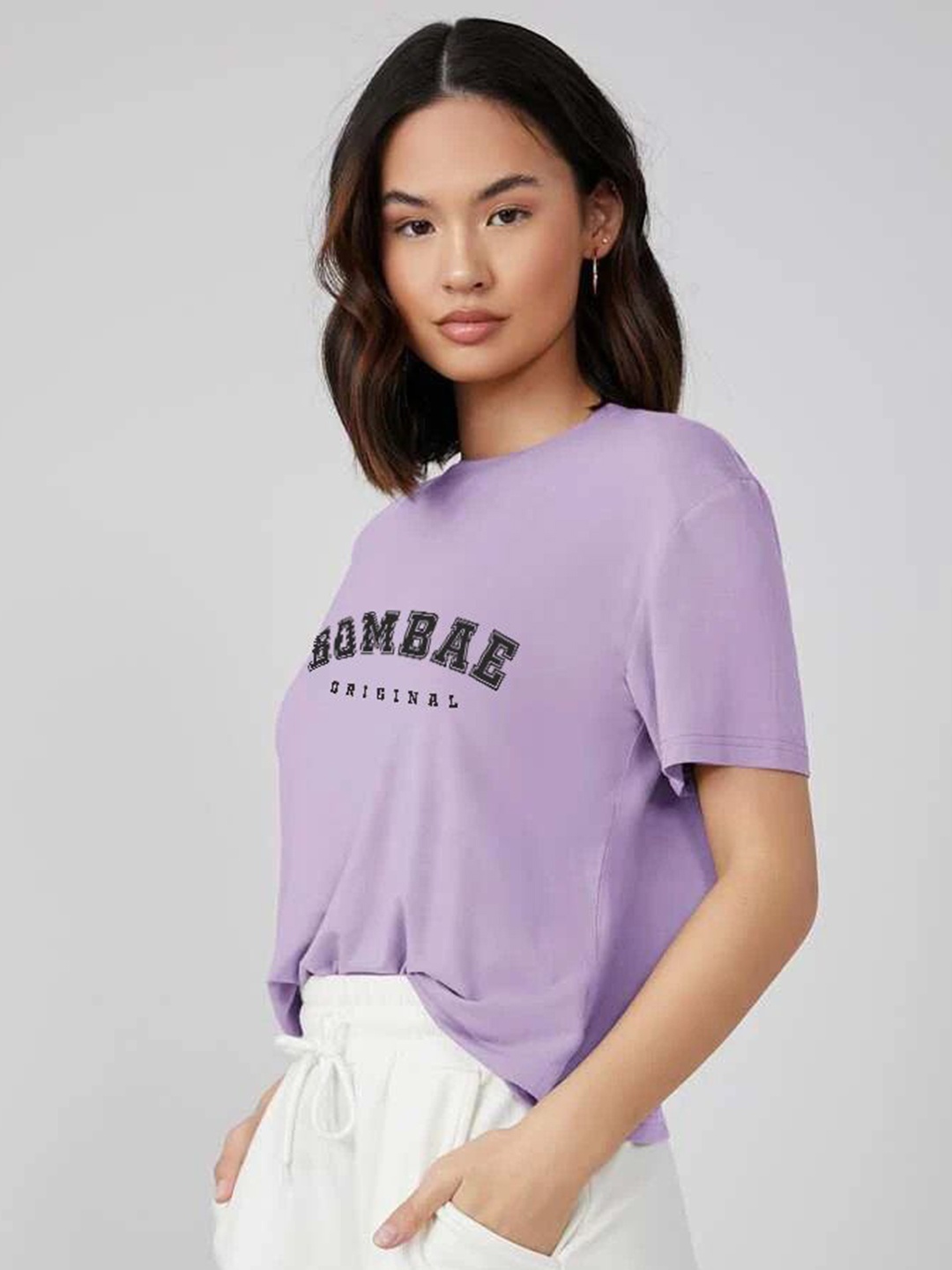 

BOMBAE TEES Women High Neck Bio Finish Pockets T-shirt, Lavender