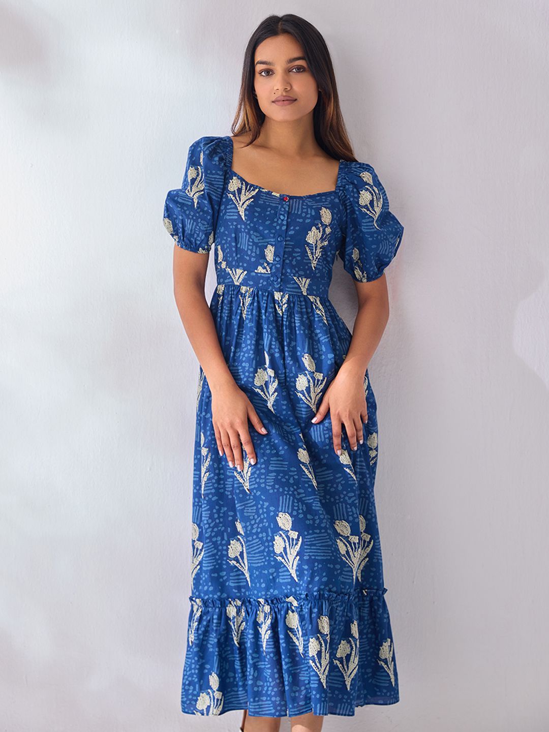 

Ancestry Floral Print Puff Sleeve Formal A-Line Maxi Dress, Blue