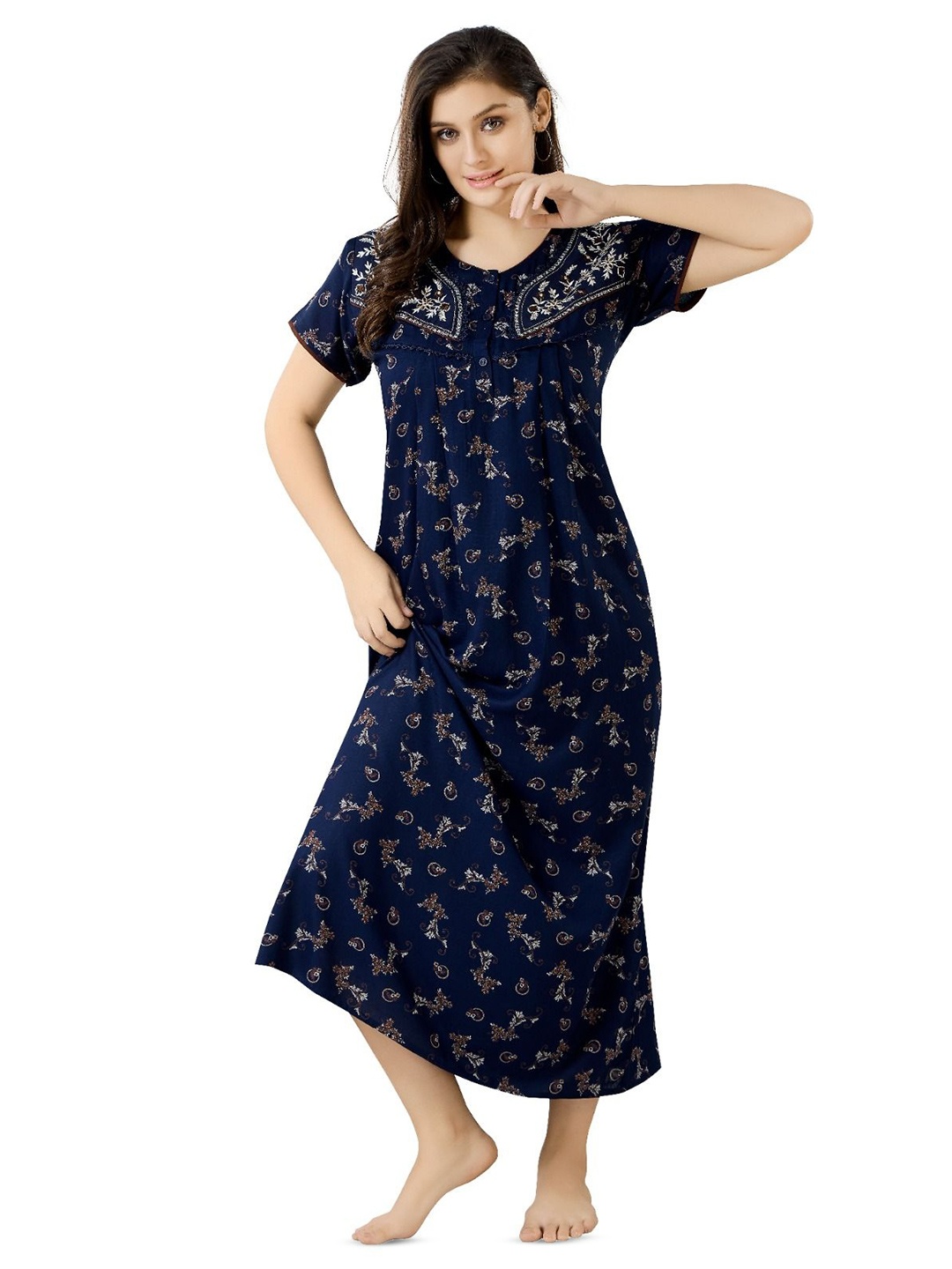 

Soulemo Women Printed Round Neck Maxi Nightdress, Blue