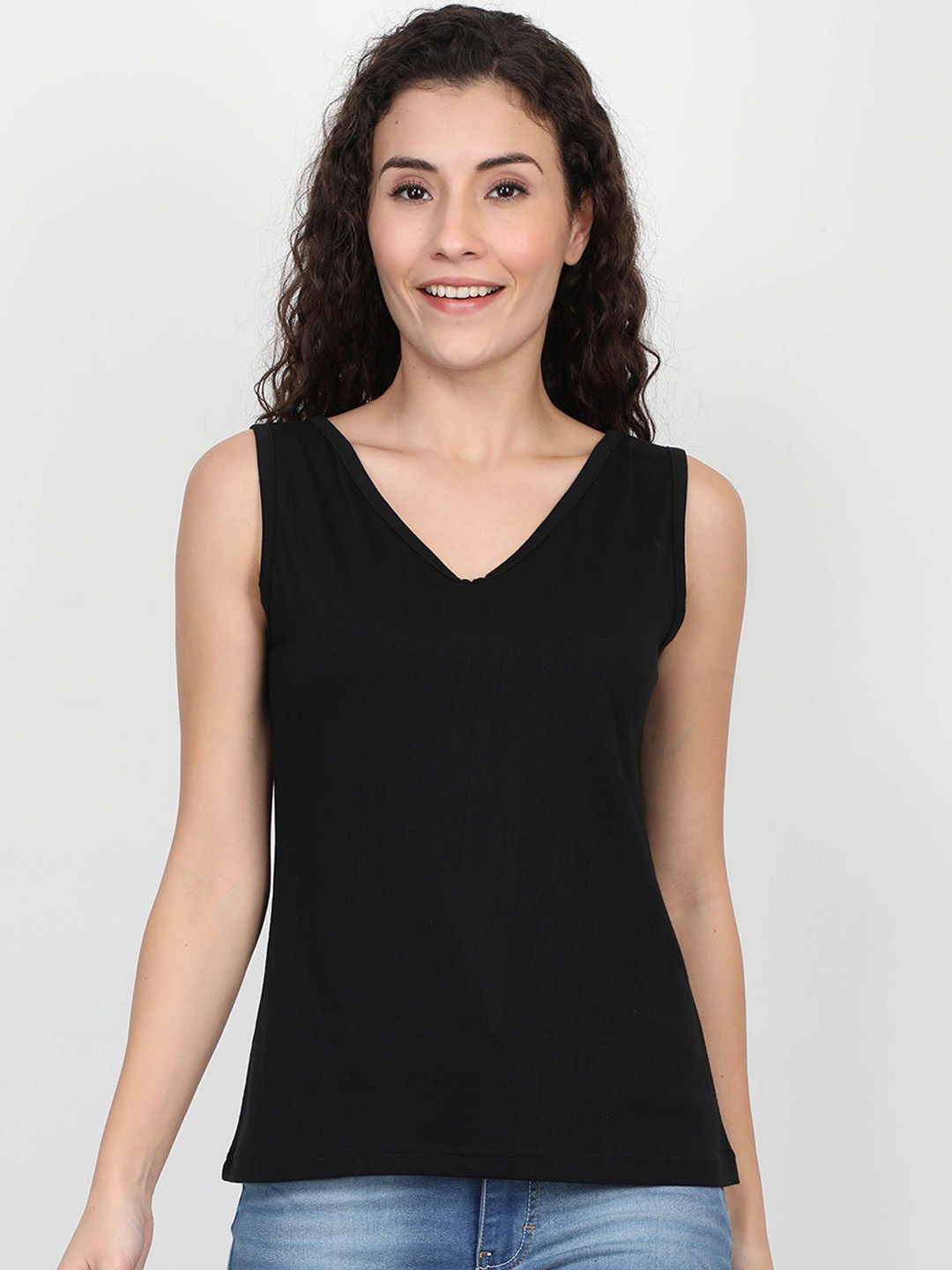 

ECOLINE Clothing Women Cotton V - Neck Sleeveless Top, Black