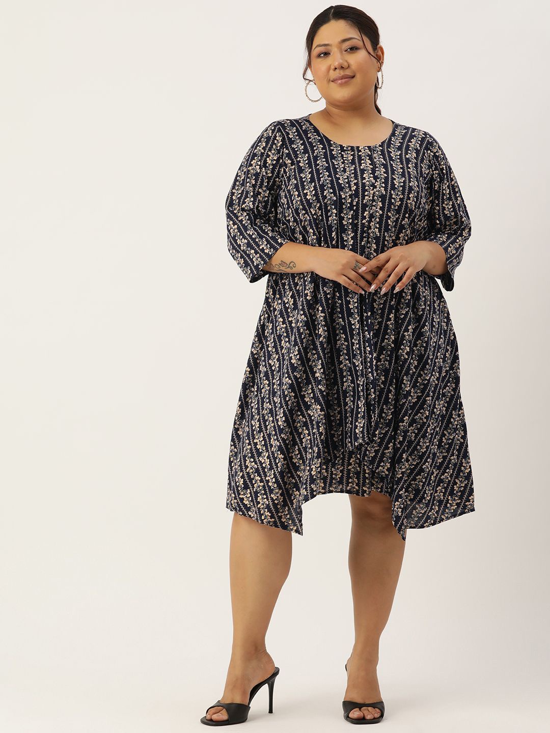 

theRebelinme Floral Print Layered A-Line Midi Dress, Navy blue