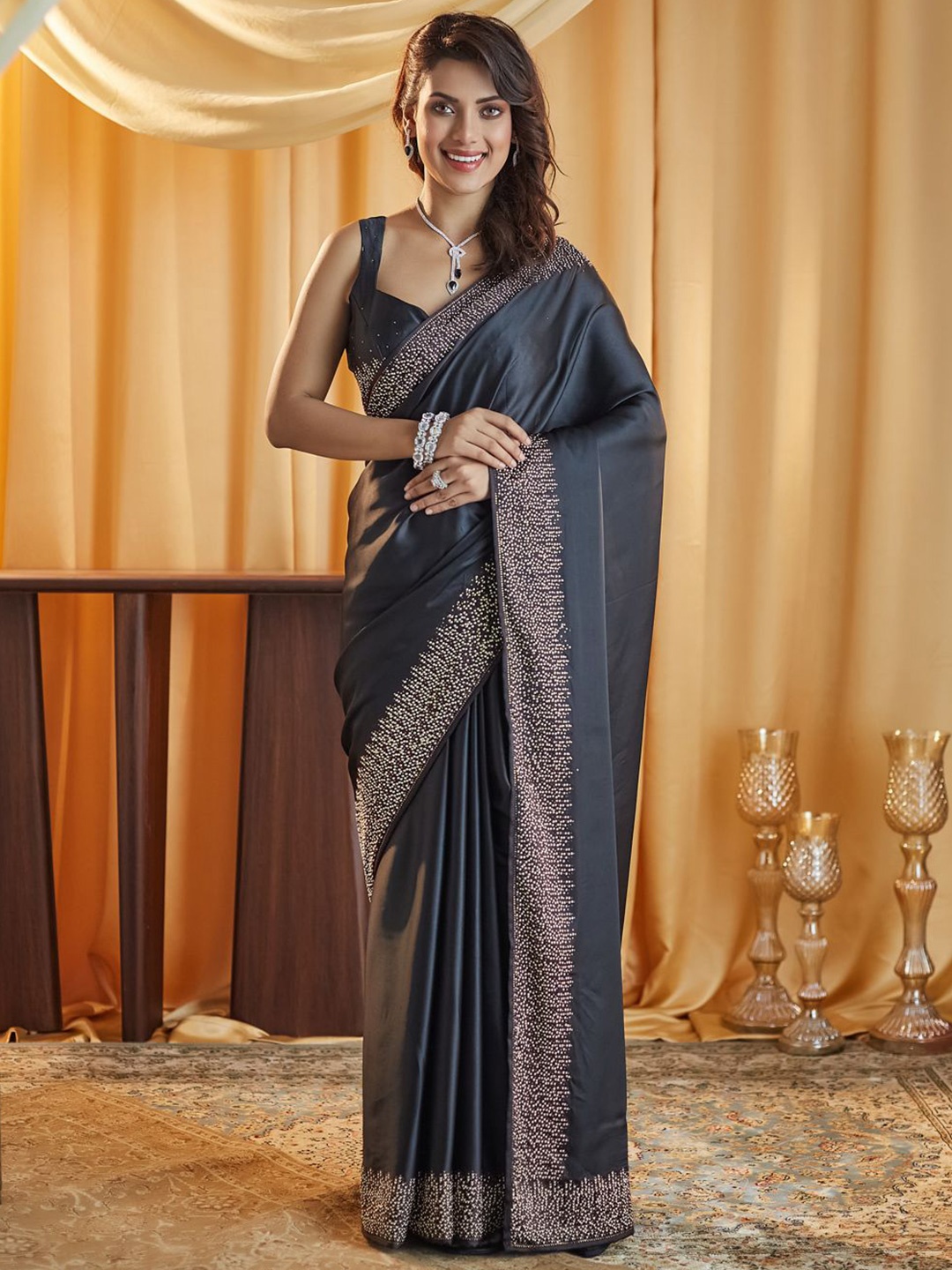 

kasee Beads and Stones Satin Saree, Black