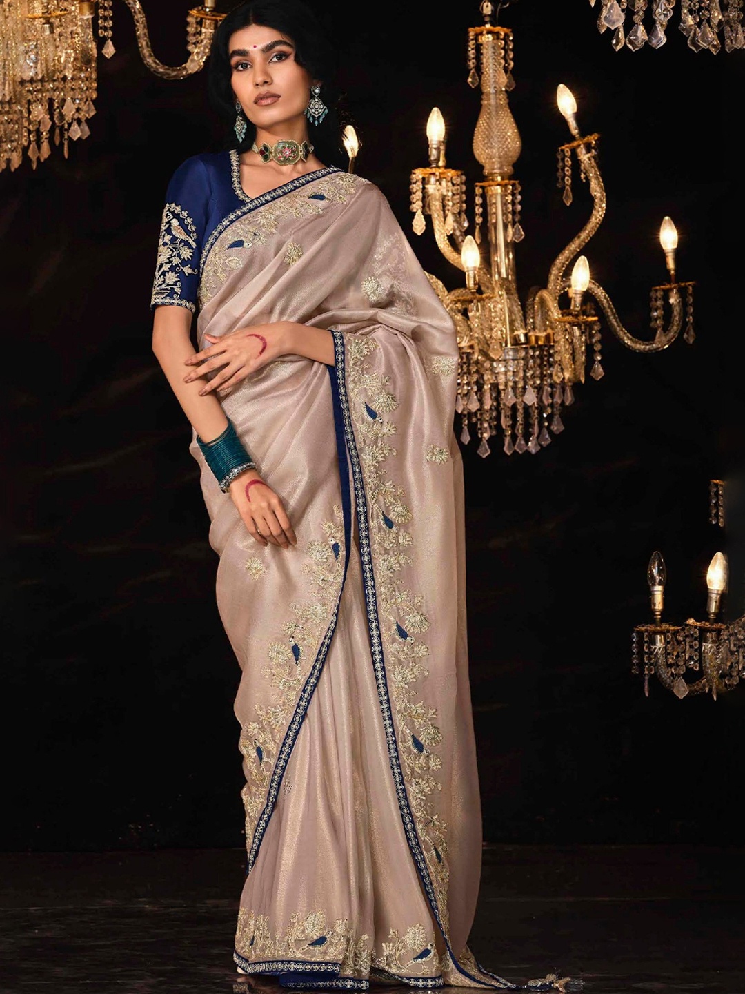 

MAHALASA Ethnic Motifs Embroidered Tissue Saree, Pink