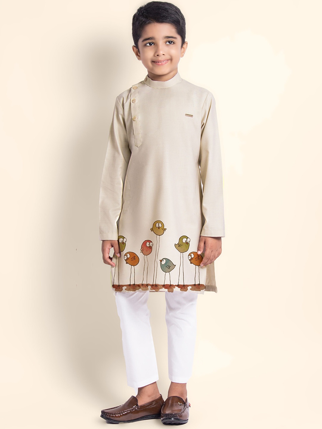 

DEVOILER Boys Ethnic Motifs Printed Thread Work Kurta, Beige