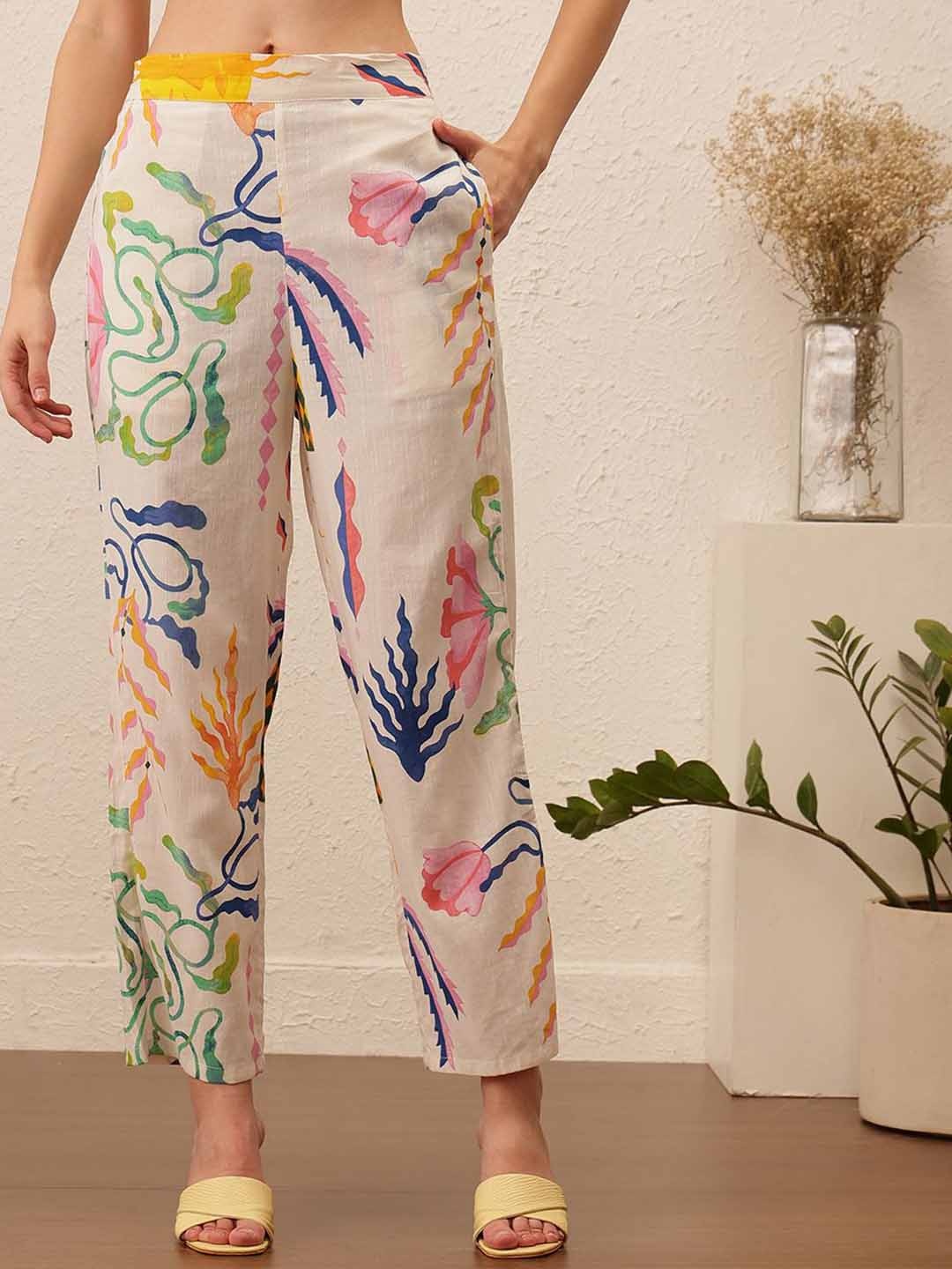 

The Roadster Lifestyle Co Printed High-Rise Trouser, White