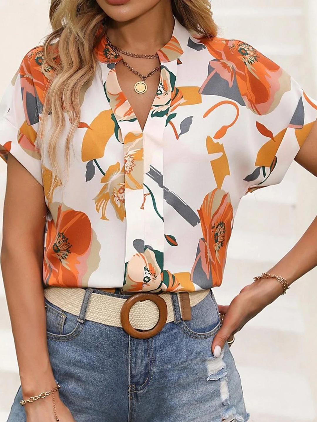 

all about you Floral Print Extended Sleeves Cotton Crepe Boxy Top, Peach