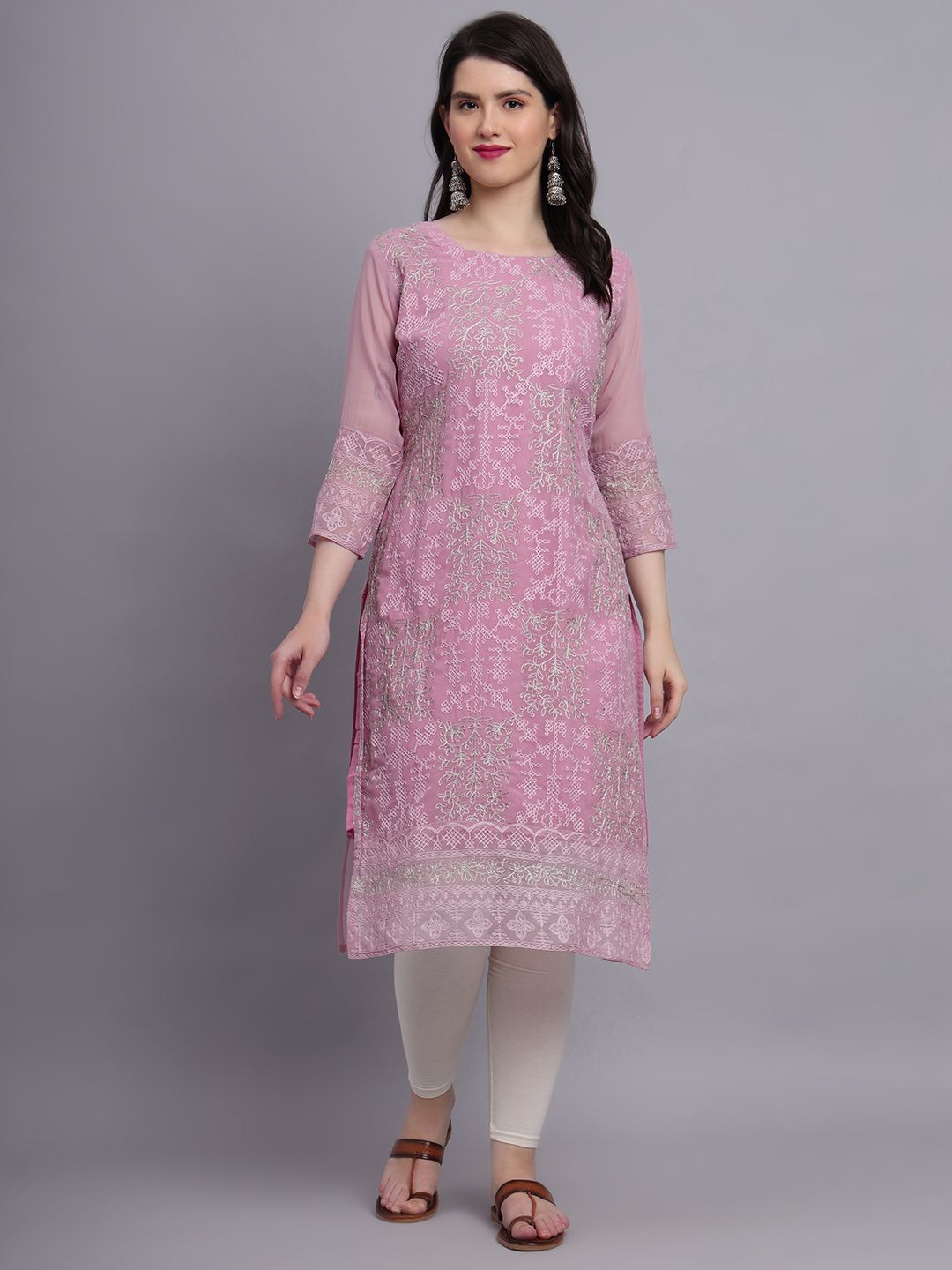 

HERE&NOW Women Floral Embroidered Thread Work Georgette Kurta, Mauve