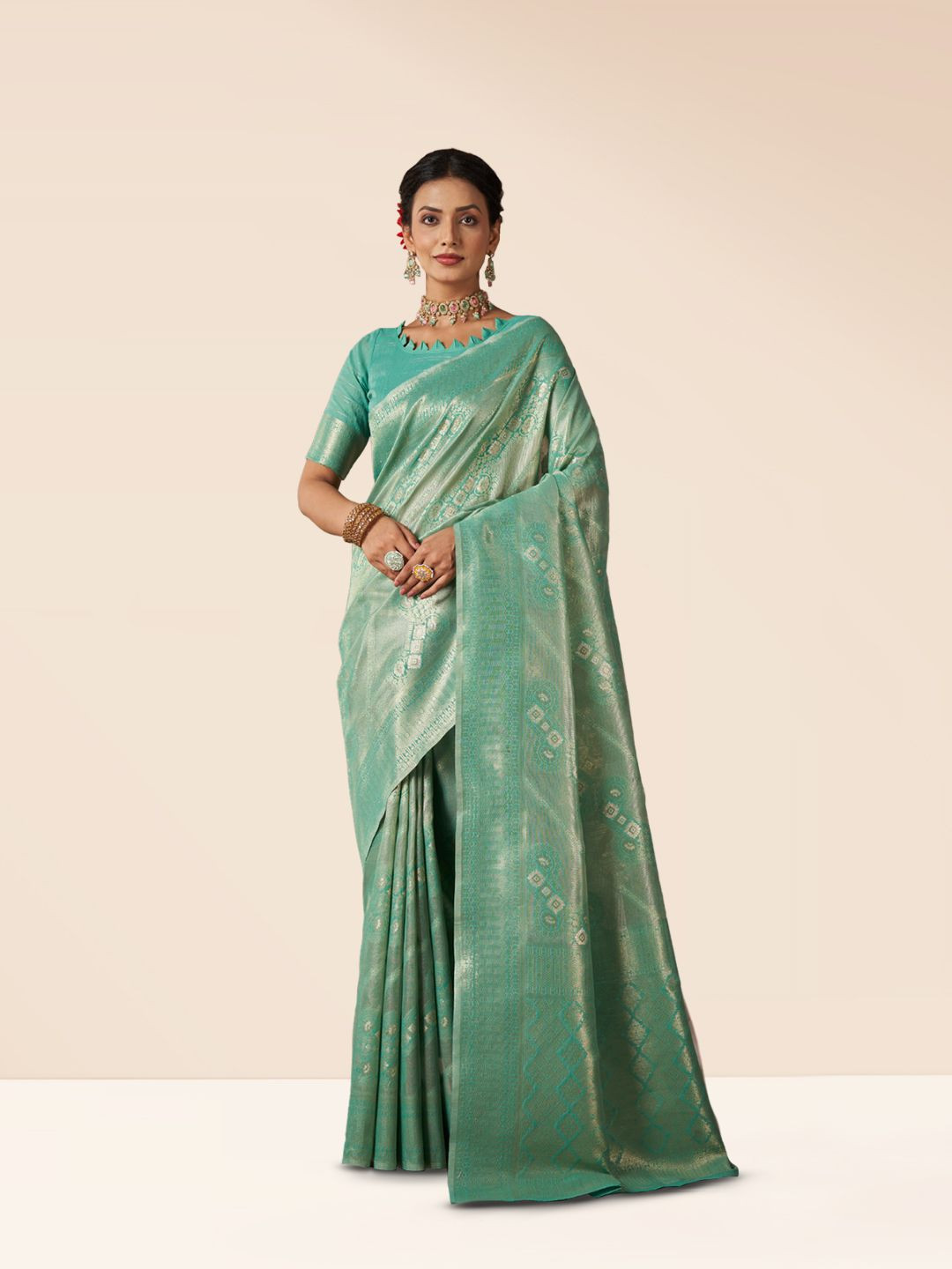 

SARHA Woven Design Zari Silk Cotton Saree, Green