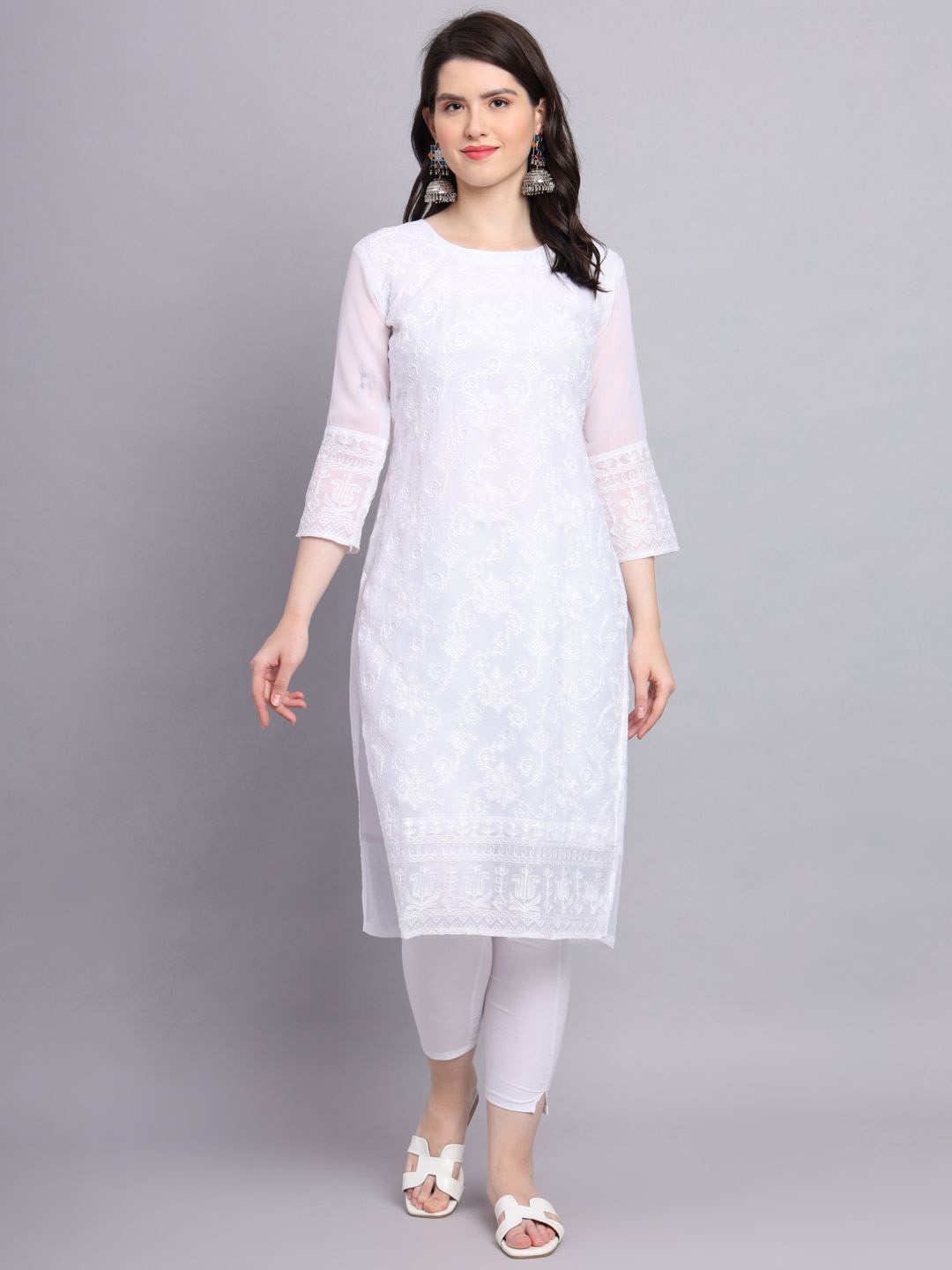 

HERE&NOW Women Floral Embroidered Thread Work Georgette Kurta, White